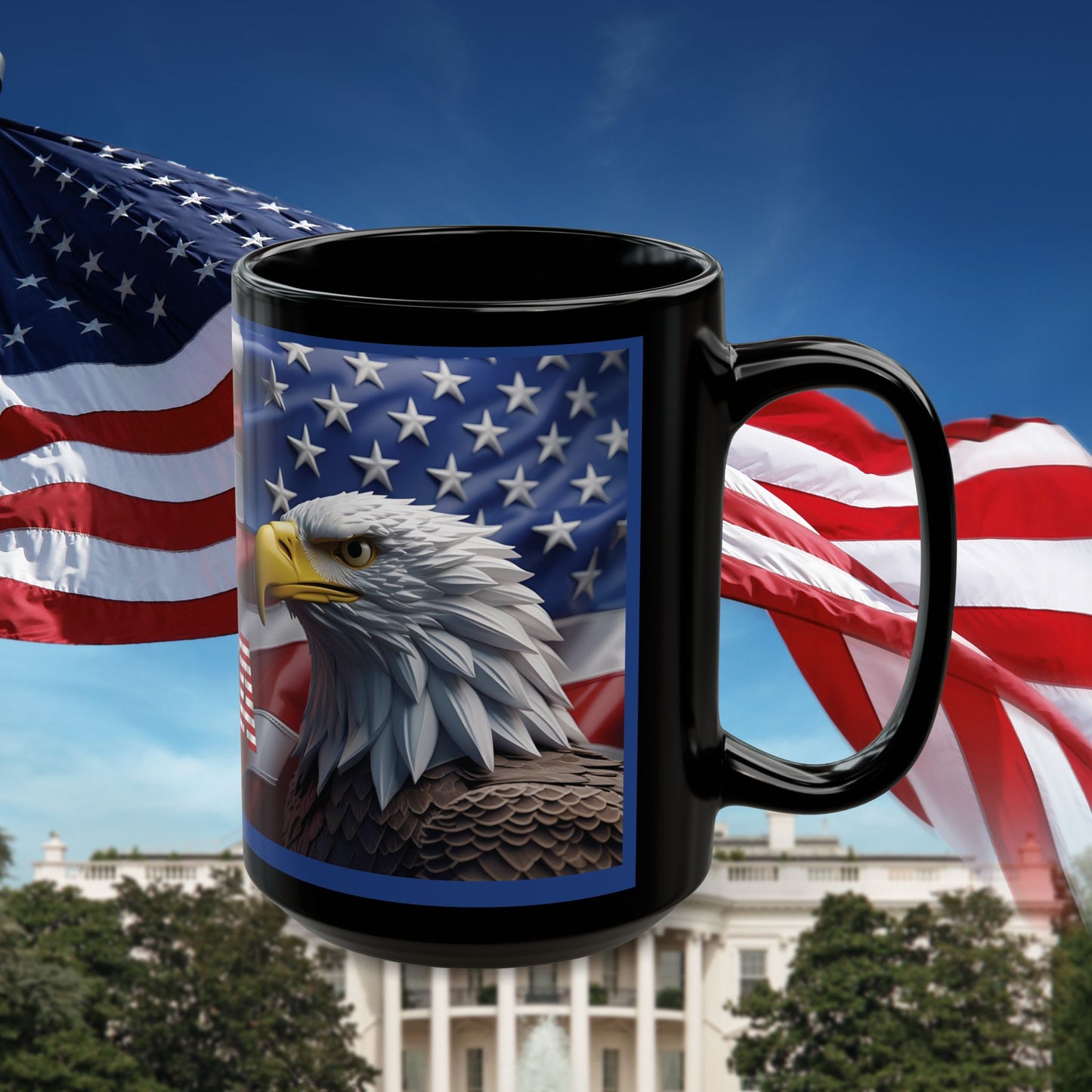 Patriotic USA Bald Eagle Ceramic Coffee Mug – Red, White & Blue American Flag Cup – Black Ceramic 11oz & 15oz – Veterans Day Gift, Independence Day Decor