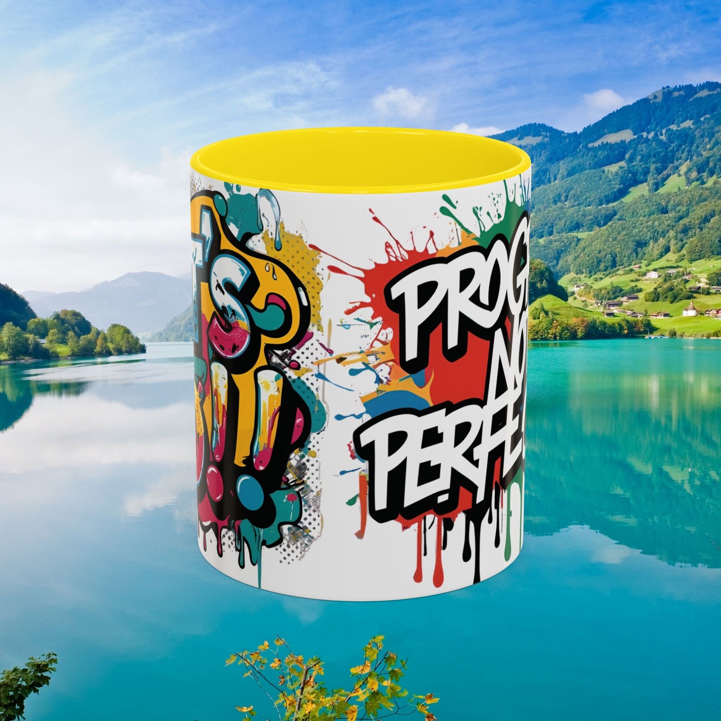 Vibrant Ceramic Mug Inspirational Let's Go! Graffiti Mug Coffee Mug Progress Not Perfection Sizes 11oz & 15oz Birthday Gift Graduation Gift 8 Different Color Options