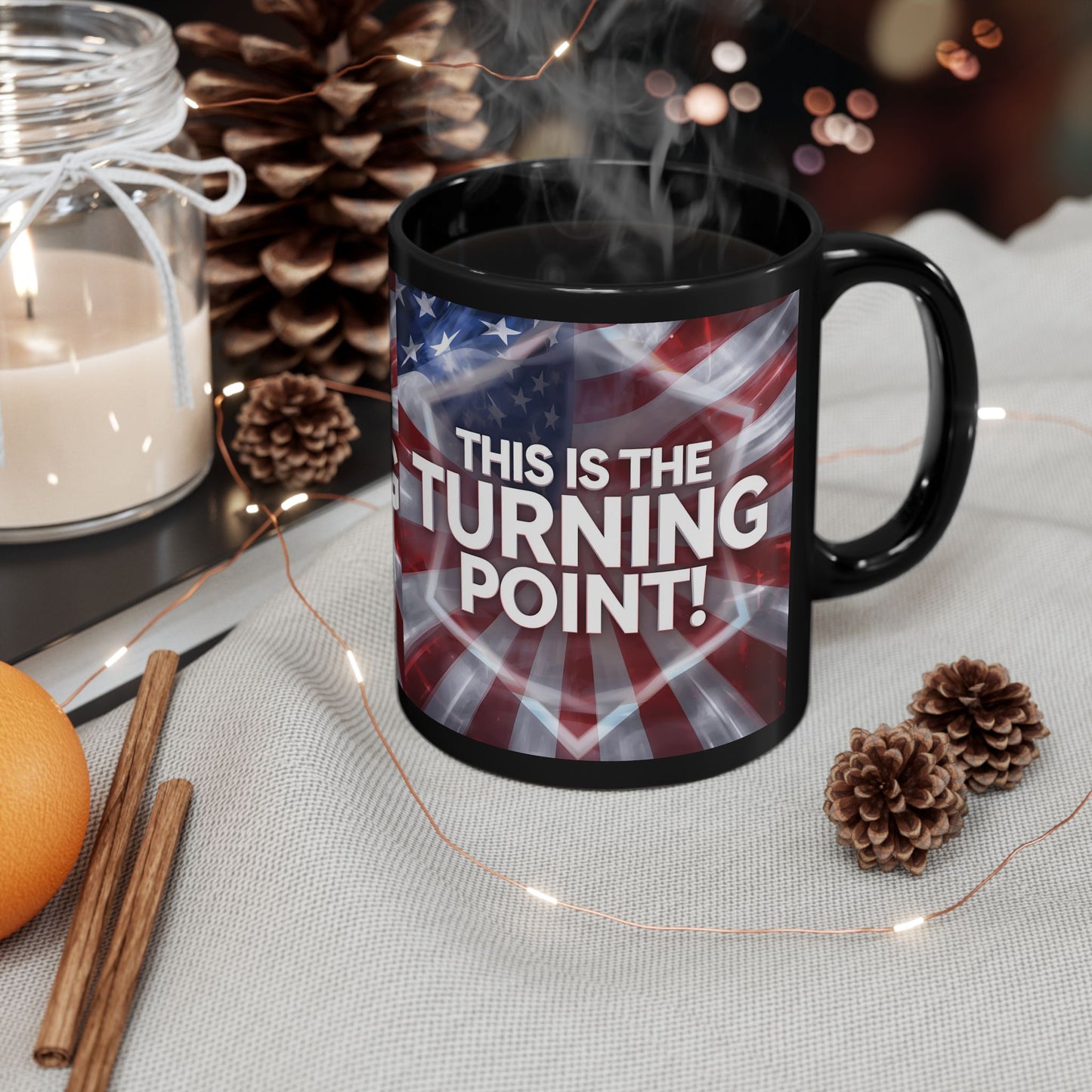 This Is The Turning Point! - Charlie Kirk - Patriotic - American Flag Backdrop- Sleek Black Ceramic Mug - 11oz - 15oz