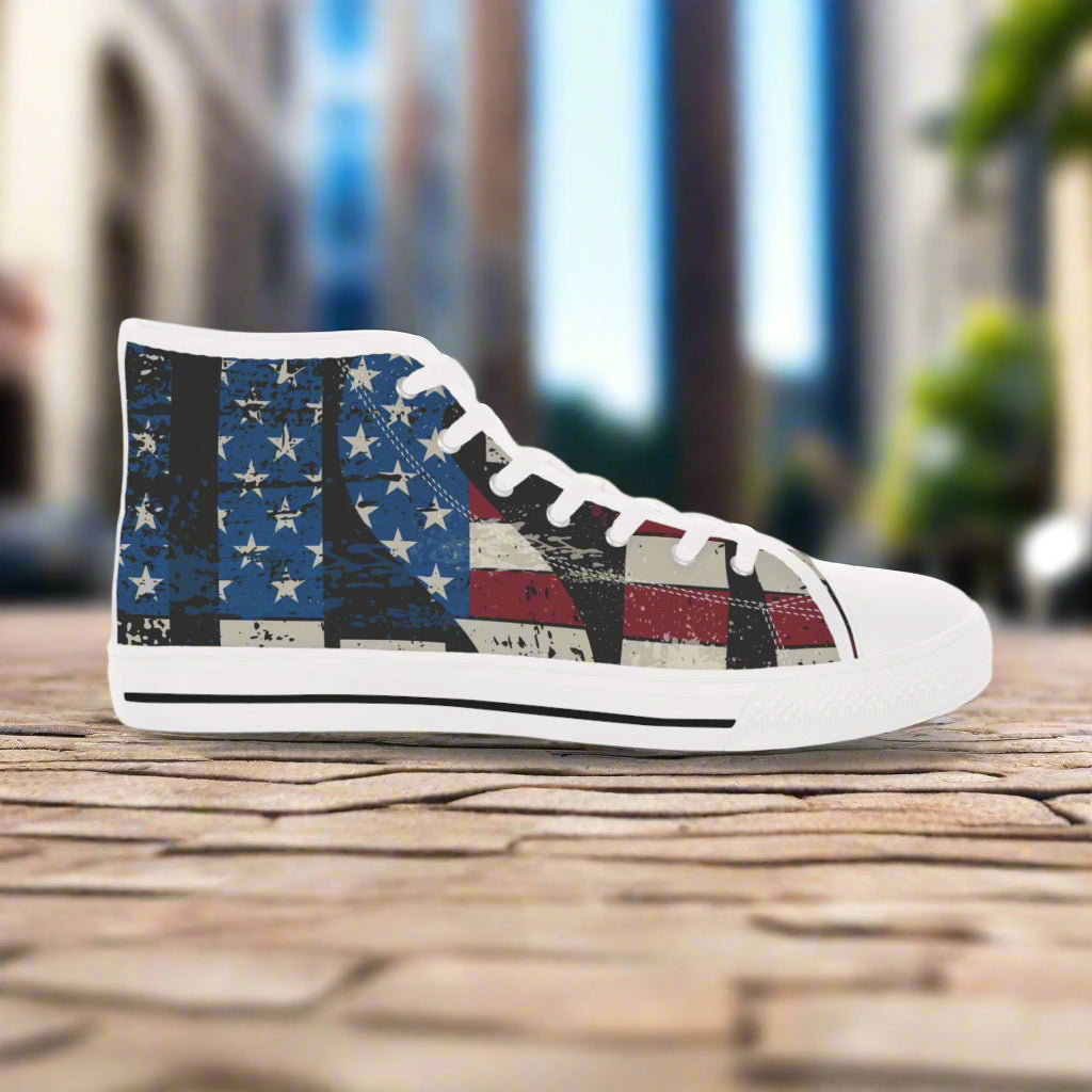 💥USA 💥 Red White & Blue 💥Unisex 💥 High Top Sneakers 💥 Patriotic Vibe 💥 Full Wrap Around Print 💥