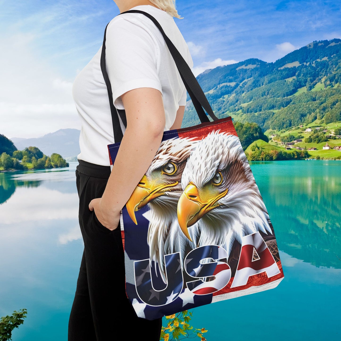 ๐บ๐ธ Patriotic ๐บ๐ธ USA ๐บ๐ธ Bald Eagles ๐บ๐ธ Tote Bag ๐บ๐ธ All Over Print ๐บ๐ธ American Flag Design ๐บ๐ธ Five Different Handle Colors ๐บ๐ธ Red ๐บ๐ธ Navy ๐บ๐ธ Black ๐บ๐ธ Beige ๐บ๐ธ White
