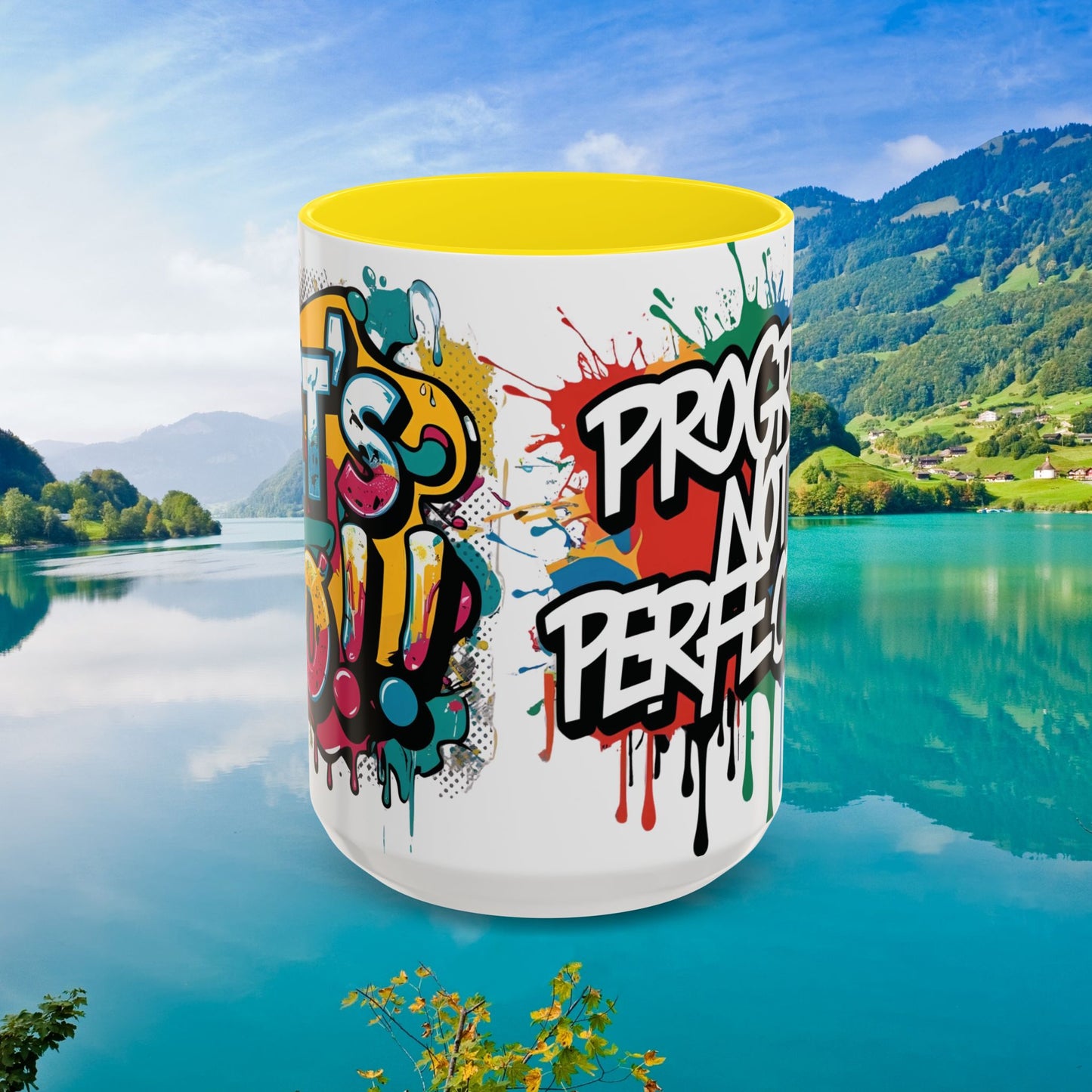 Vibrant Ceramic Mug Inspirational Let's Go! Graffiti Mug Coffee Mug Progress Not Perfection Sizes 11oz & 15oz Birthday Gift Graduation Gift 8 Different Color Options