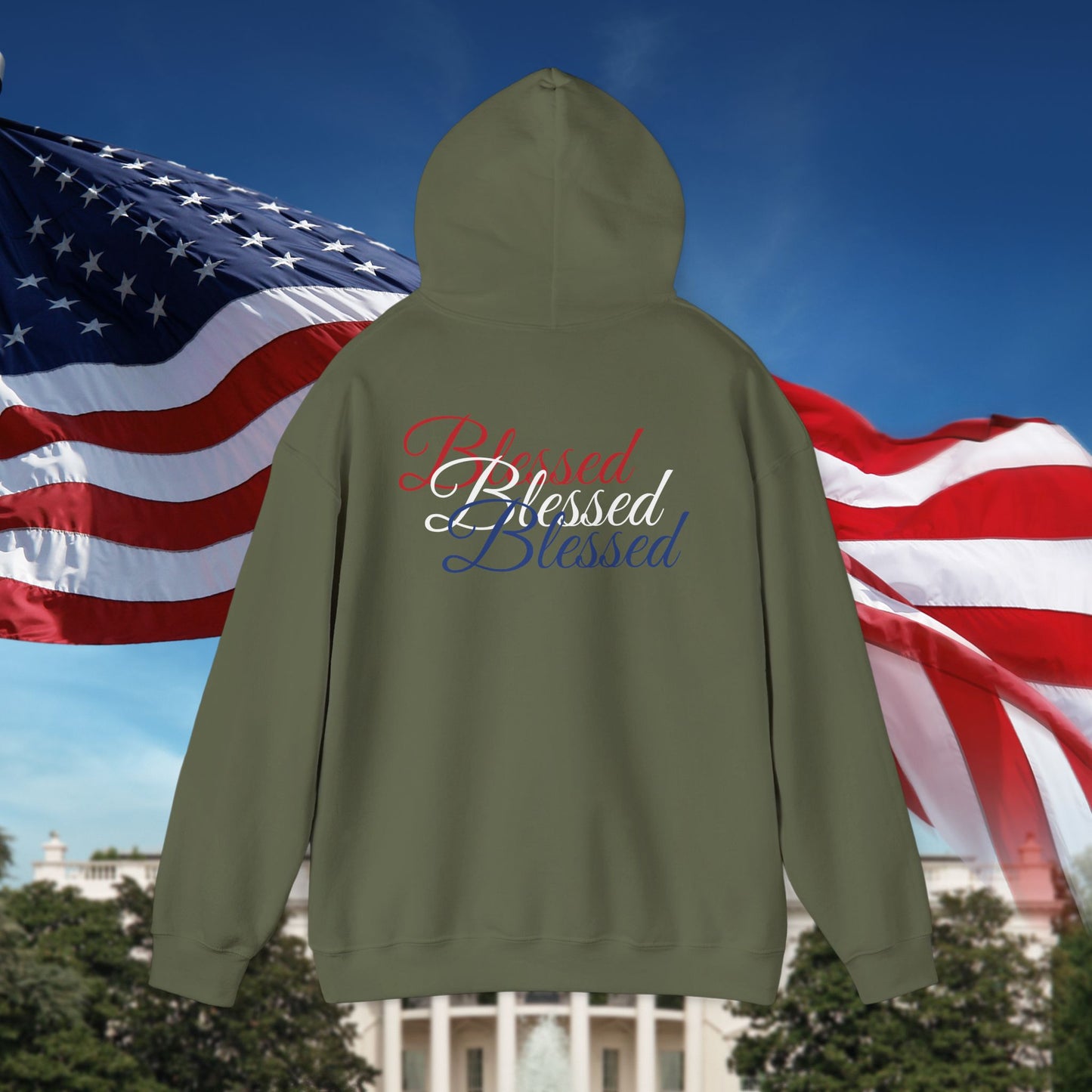 Blessed Hoodie – Patriotic Red, White & Blue Unisex Pullover Sweatshirt with Front & Back Print – Cozy, Positive Vibes Gift
