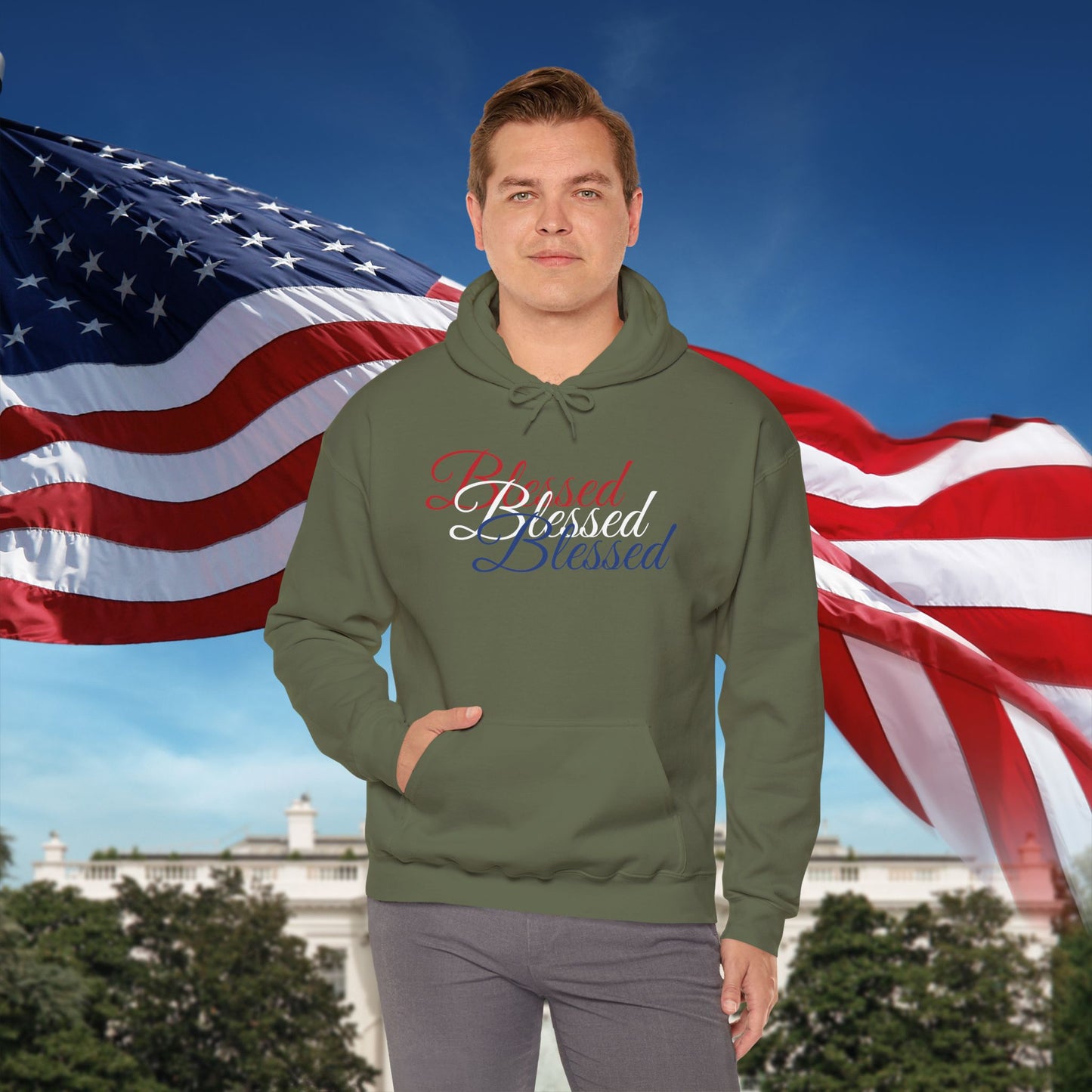 Blessed Hoodie – Patriotic Red, White & Blue Unisex Pullover Sweatshirt with Front & Back Print – Cozy, Positive Vibes Gift