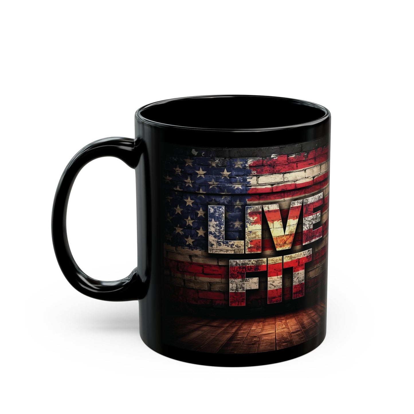 Patriotic Coffee Mug - LIVE FIT Black Ceramic Mug - USA Flag Backdrop Design - Gift for Fitness Enthusiasts - Independence Day - Home Office Decor - 11oz - 15oz -