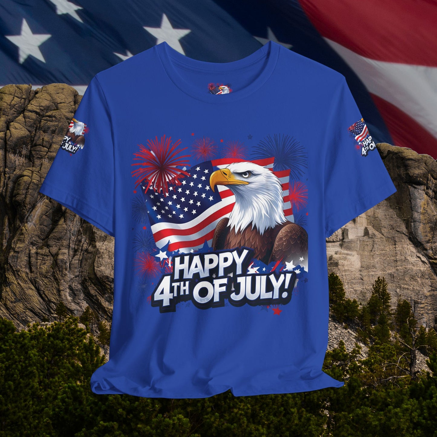 Happy 4th of July, Print Design, Unisex T-Shirt, Patriotic Print Design, Independence Day Shirt, Red White Blue Shirt, USA Tee Gift, Gift For Her, Gift For Him, American Flag, Bald Eagle