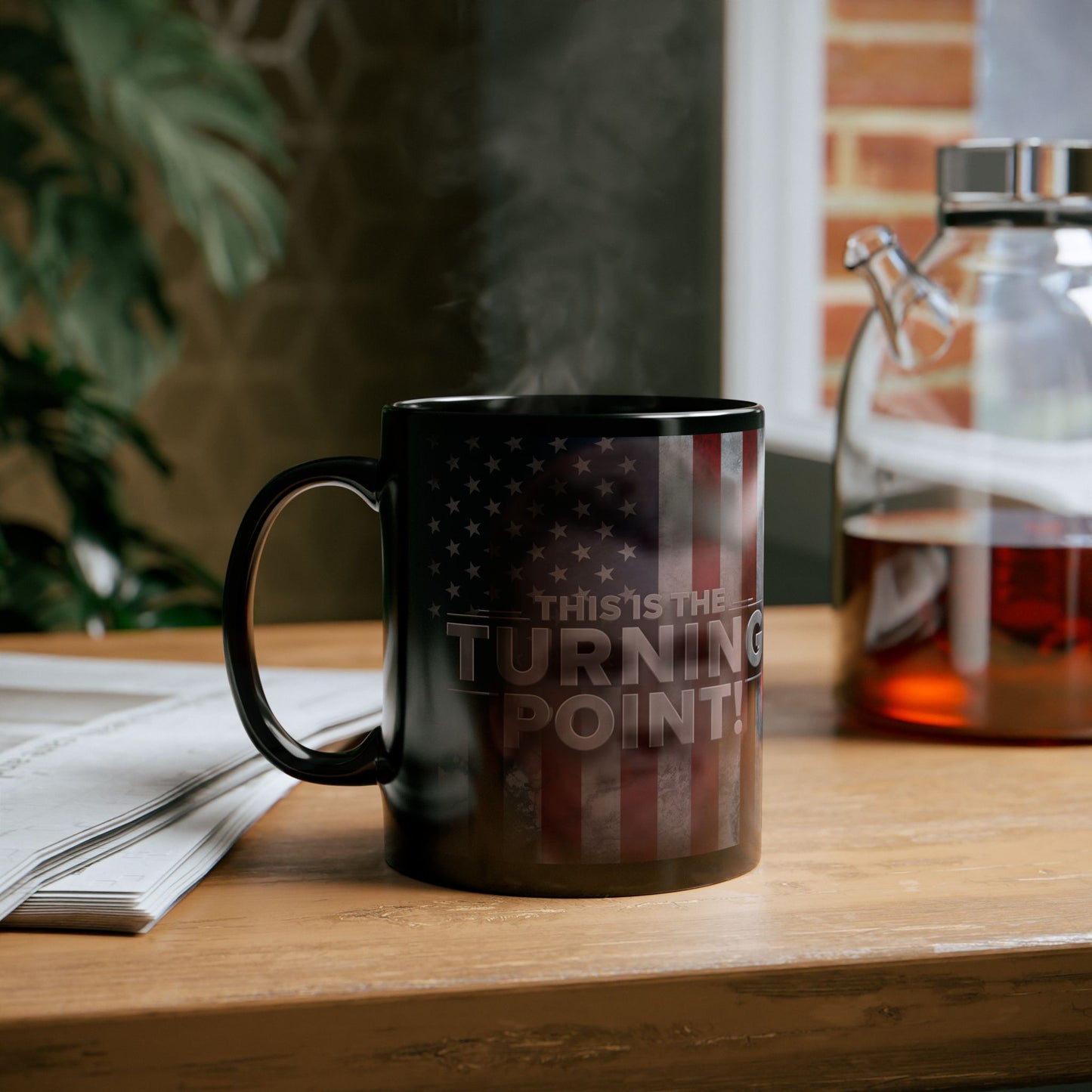 Patriotic Mug - This Is The Turning Point! - Charlie Kirk - American Flag Backdrop - Black Ceramic Mug - 11oz - 15oz -