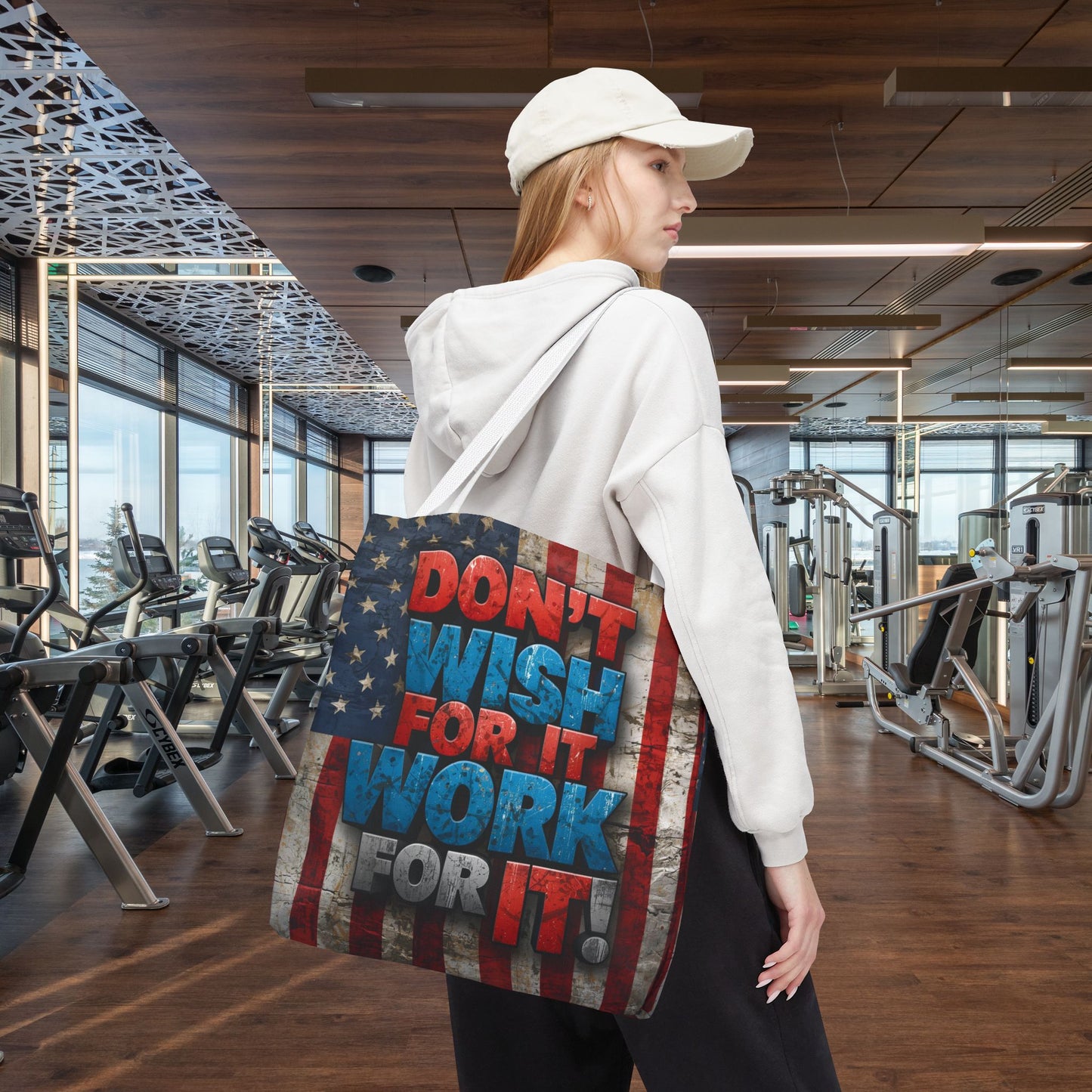 Motivational Tote Bag | American Flag Design | Don't Wish For It, Work For It | Gym, Grocery, Travel, Gifts, Everyday Carry
