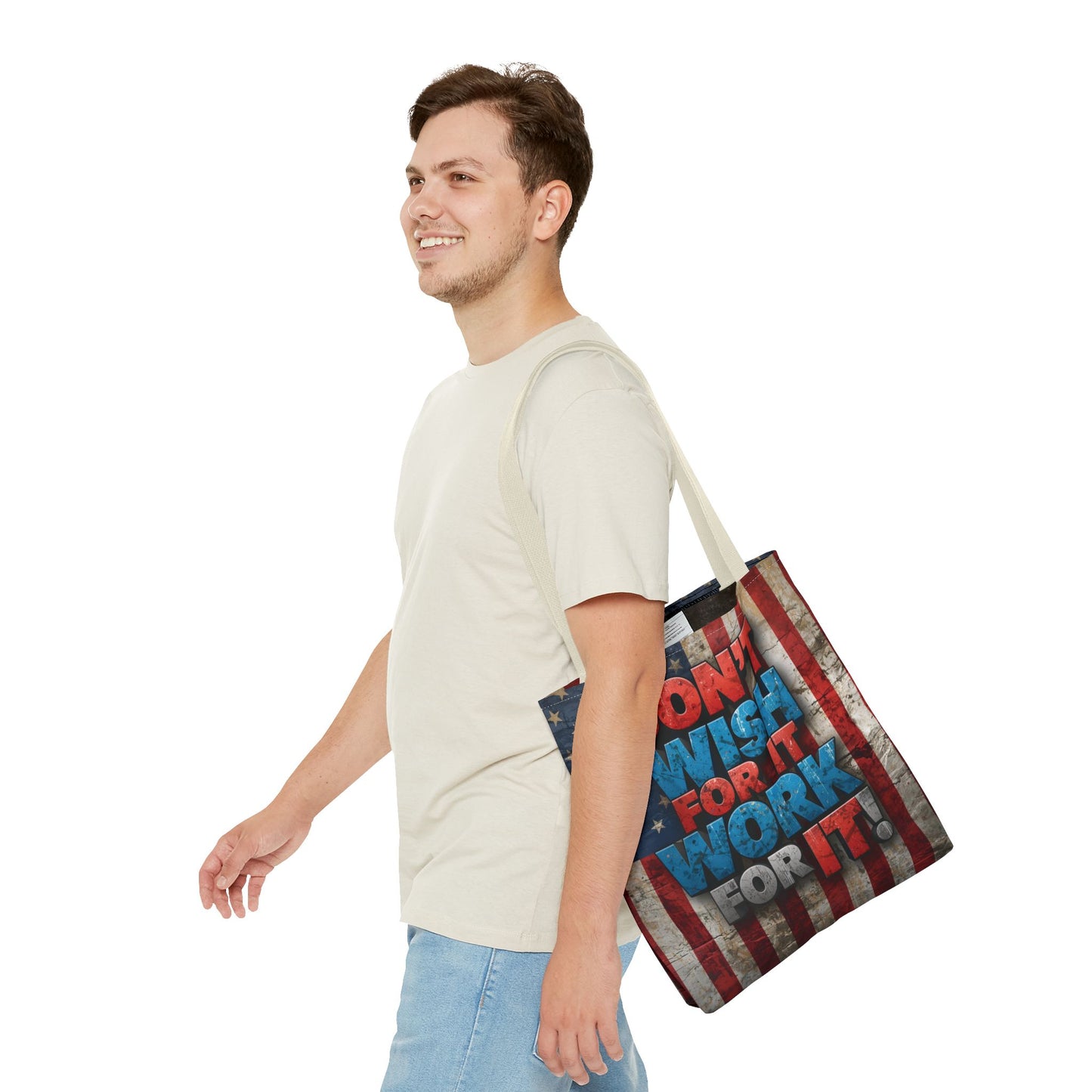 Motivational Tote Bag | American Flag Design | Don't Wish For It, Work For It | Gym, Grocery, Travel, Gifts, Everyday Carry