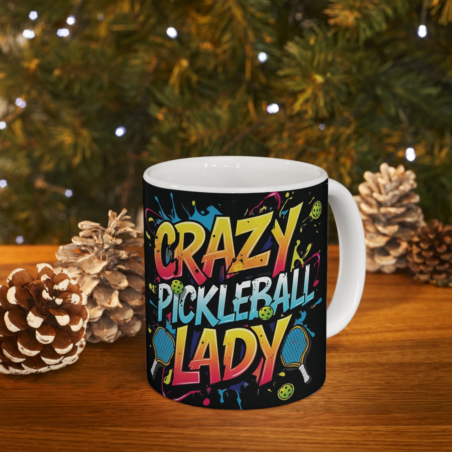Colorful Crazy Pickleball Lady Mug, 11oz & 15oz, Fun Sports Gift for Pickleball Enthusiasts, Unique Ceramic Coffee Cup, Perfect for Birthdays