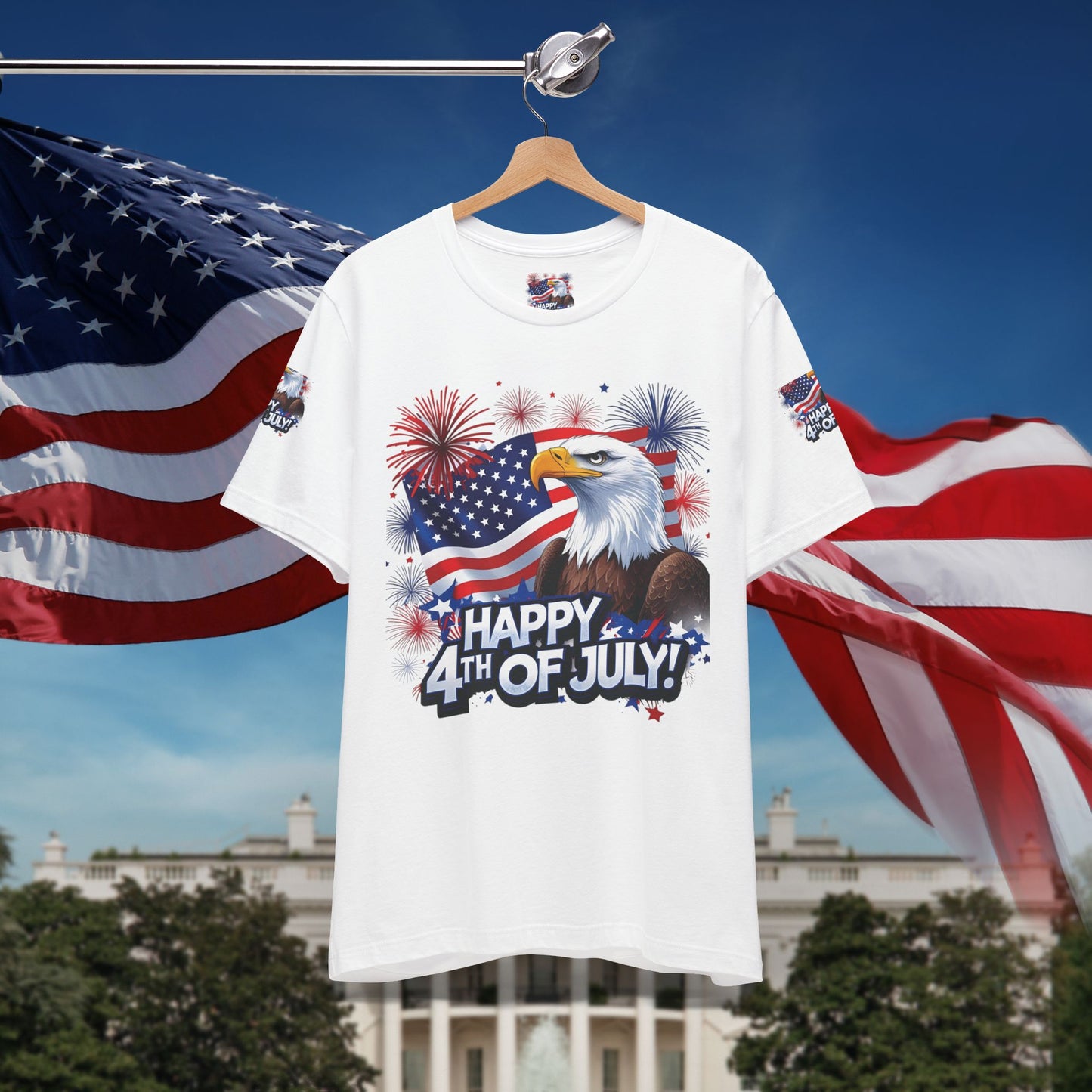 Happy 4th of July, Print Design, Unisex T-Shirt, Patriotic Print Design, Independence Day Shirt, Red White Blue Shirt, USA Tee Gift, Gift For Her, Gift For Him, American Flag, Bald Eagle