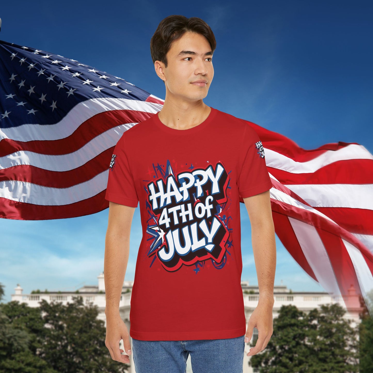Happy 4th Of July Unisex Jersey Short Sleeve Tee, Independence Day T-Shirt, Patriotic Shirt, Red White Blue Tee, USA Celebration Top