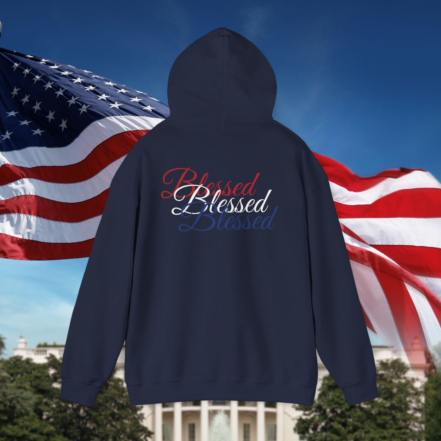 Blessed Hoodie – Patriotic Red, White & Blue Unisex Pullover Sweatshirt with Front & Back Print – Cozy, Positive Vibes Gift