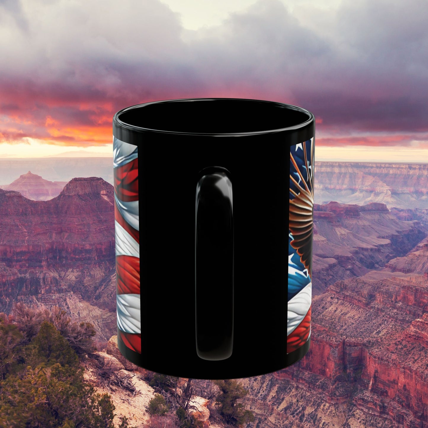 Eye-Catching Patriotic Bald Eagle American Flag Red White & Blue Black Mug 11oz & 15oz Perfect for Celebrations and Gifting