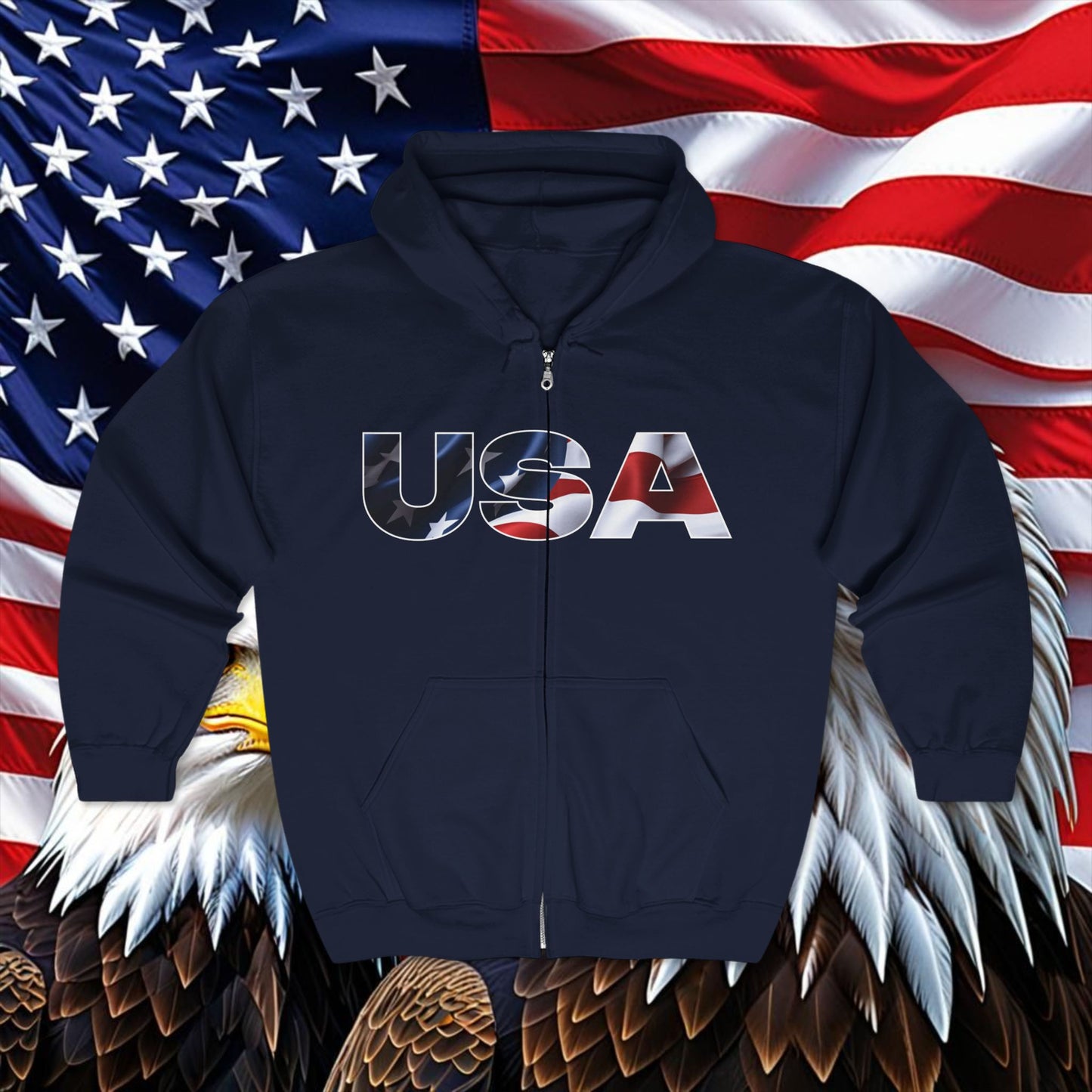 š„ USA š„ Red White & Blue š„ Full Zip š„ Hooded Sweatshirt š„ 4 Colors š„ Sport Grey š„ Black š„ Dark Heather š„ Navy š„ Sizes S - 3XL š„
