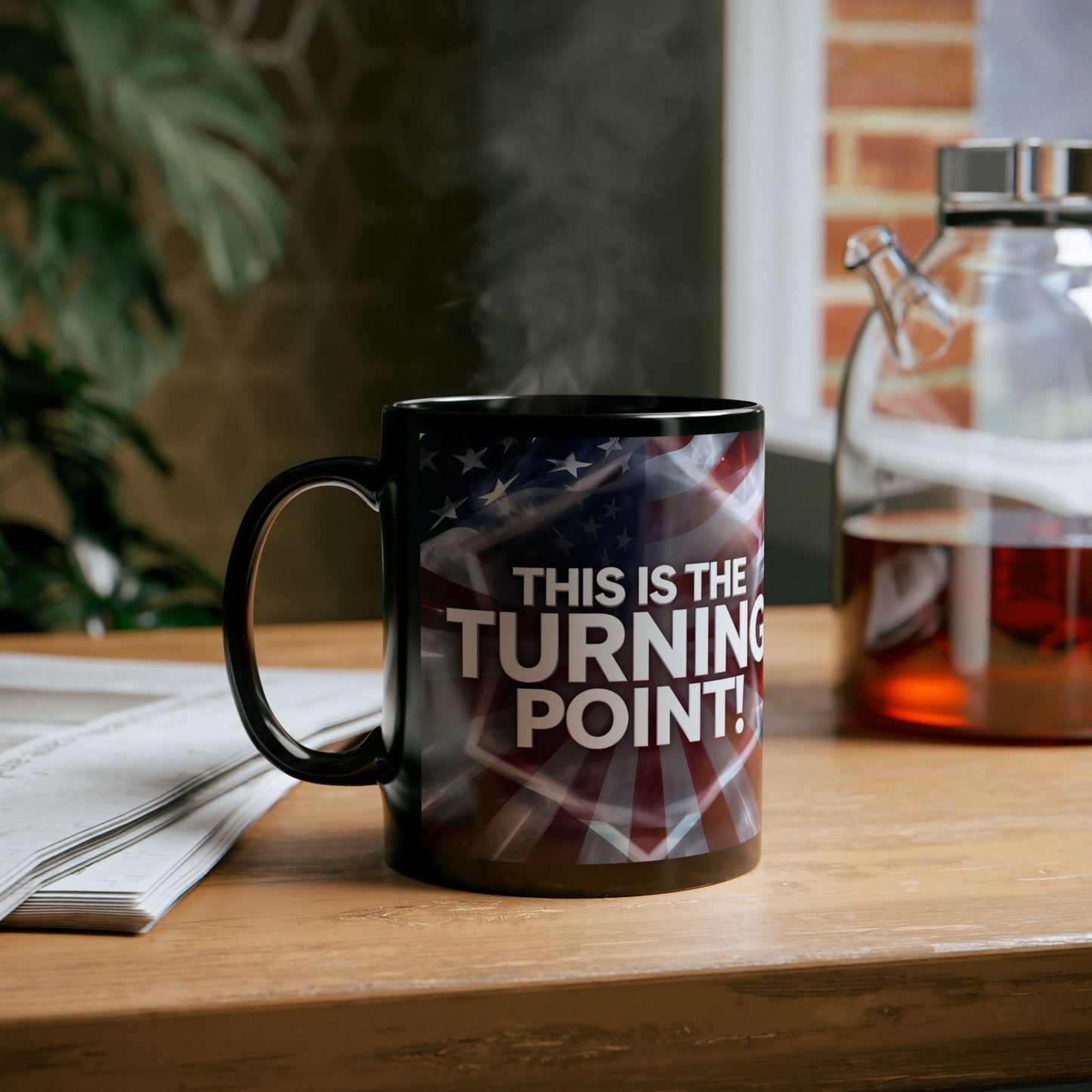 This Is The Turning Point! - Charlie Kirk - Patriotic - American Flag Backdrop- Sleek Black Ceramic Mug - 11oz - 15oz