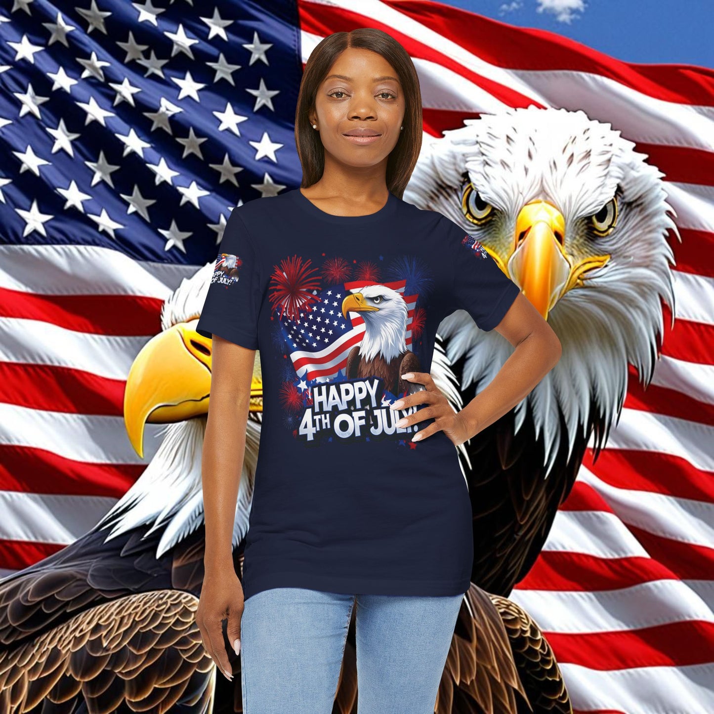 Happy 4th of July, Print Design, Unisex T-Shirt, Patriotic Print Design, Independence Day Shirt, Red White Blue Shirt, USA Tee Gift, Gift For Her, Gift For Him, American Flag, Bald Eagle