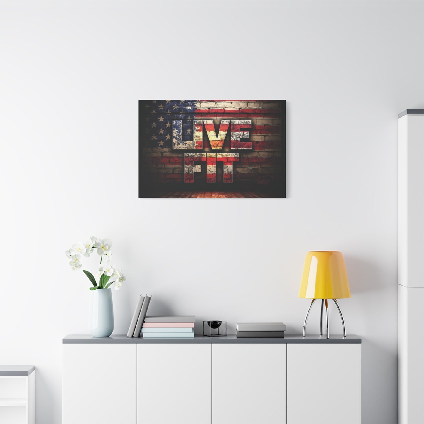 American Pride Canvas Wall Art - Live Fit Decor - Fitness Motivation - Patriotic Gift - USA Flag Artwork - Red White Blue -