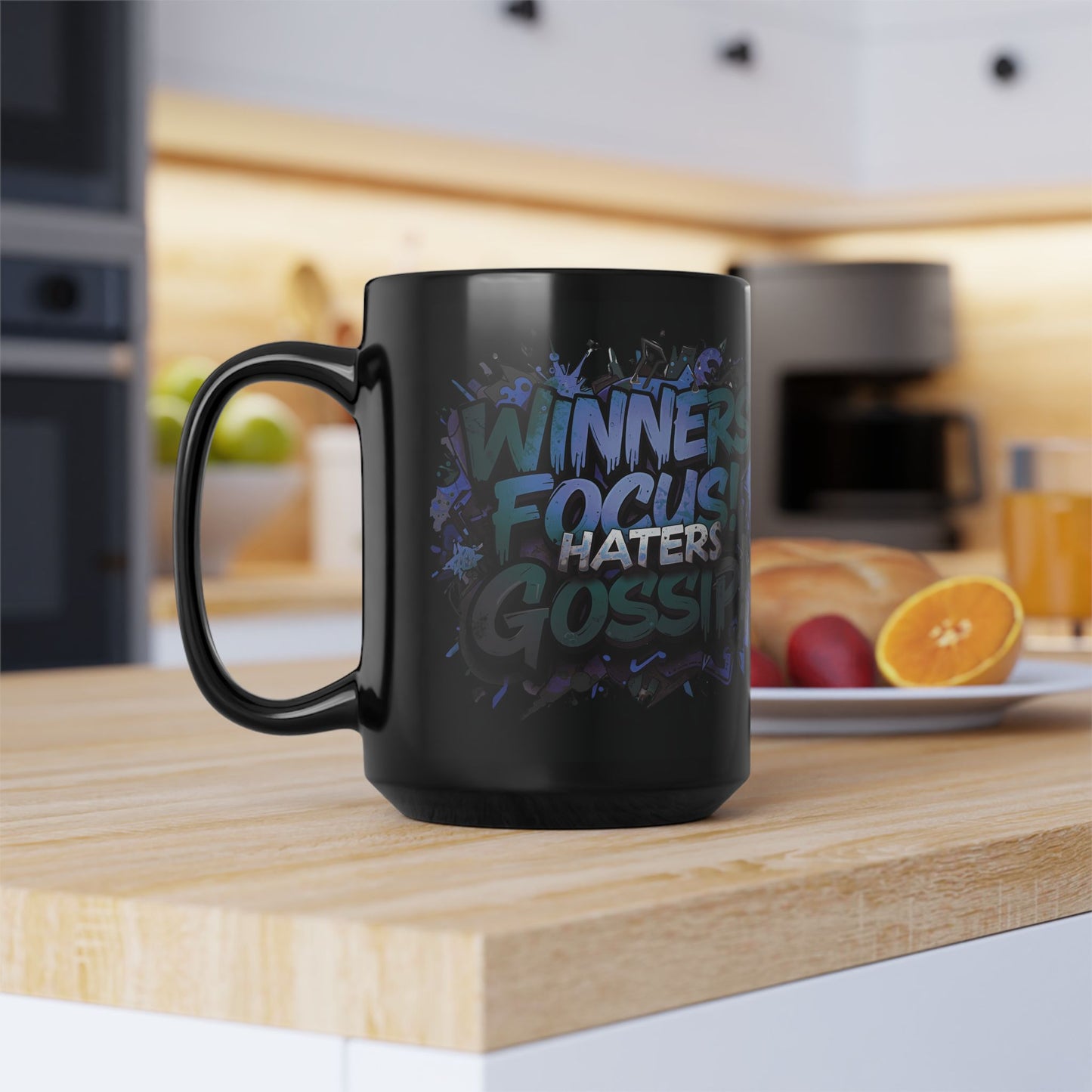 Motivational Black Mug for Winners, Gym Coffee Cup, Inspirational Gift, Home Office Decor, Unique Beverage Container