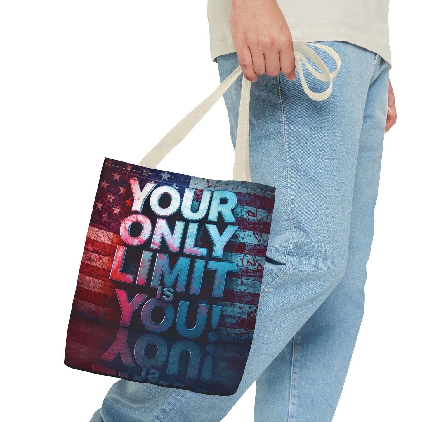 Motivational Tote Bag, Your Only Limit is You!, Inspirational Gift, USA Flag Design, Eco-Friendly Everyday Tote