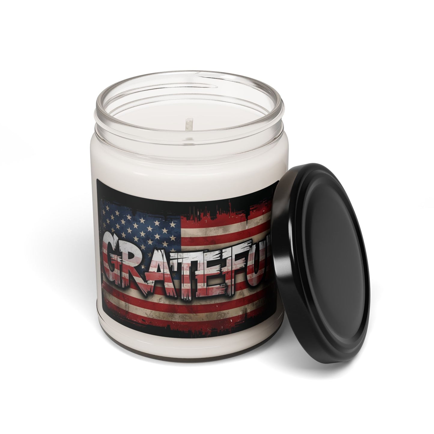 Scented 9oz Soy Candles - Grateful Print - American Flag Background Design