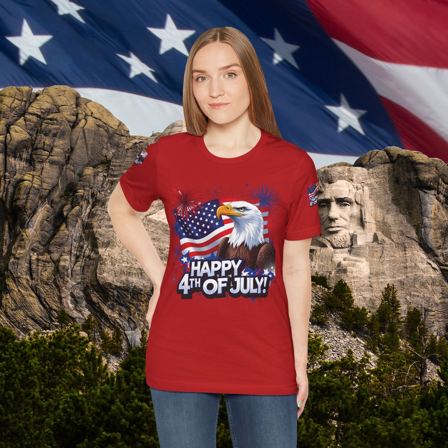 Happy 4th of July, Print Design, Unisex T-Shirt, Patriotic Print Design, Independence Day Shirt, Red White Blue Shirt, USA Tee Gift, Gift For Her, Gift For Him, American Flag, Bald Eagle