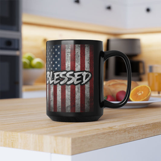 Sleek Ceramic Black Mug Blessed - American Flag - Patriotic Coffee Lover Gift - Home Decor - 11oz - 15oz