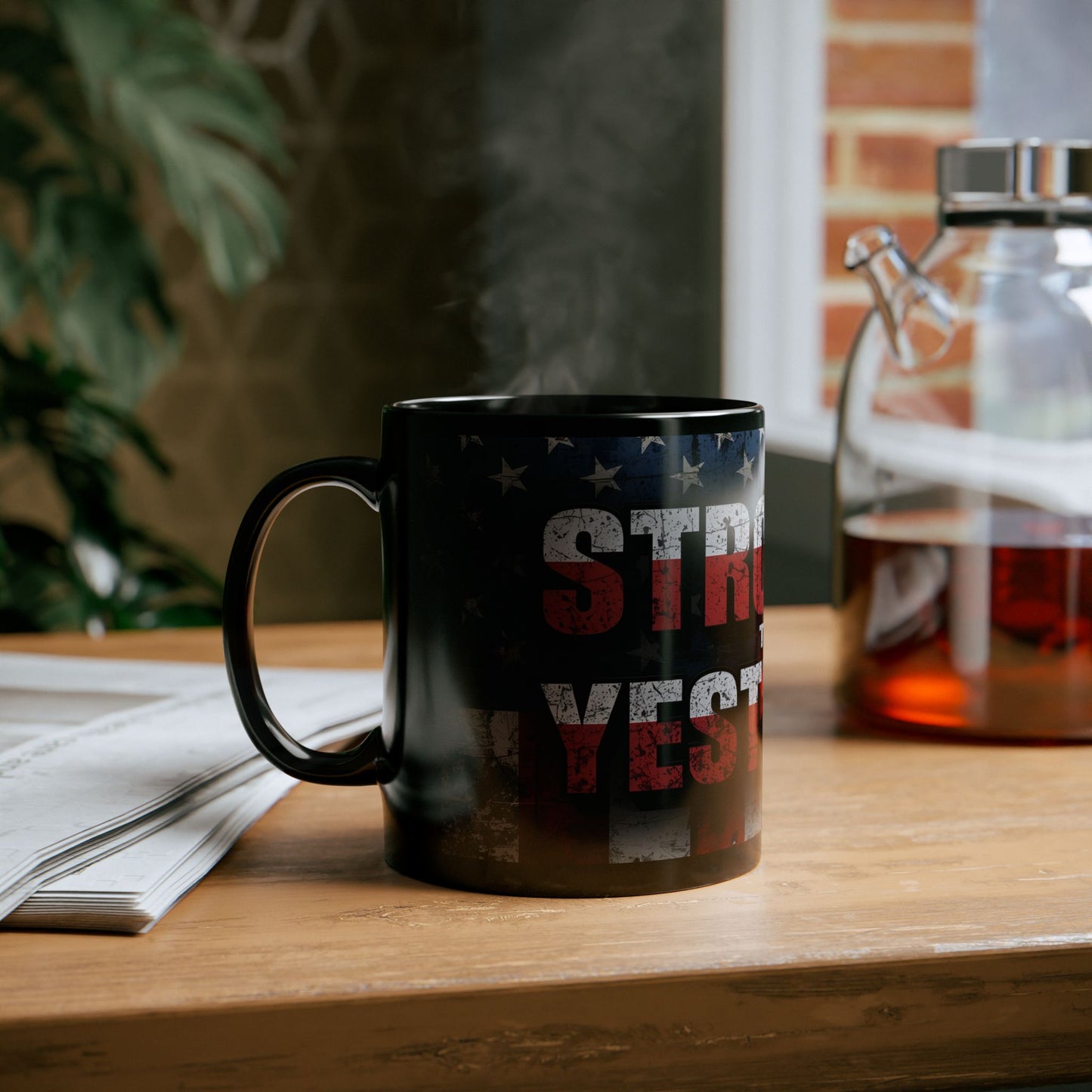 Motivational Black Mug - Stronger Than Yesterday - Coffee Lover Gift, Fitness Enthusiast Mug, Patriotic Décor, Inspirational