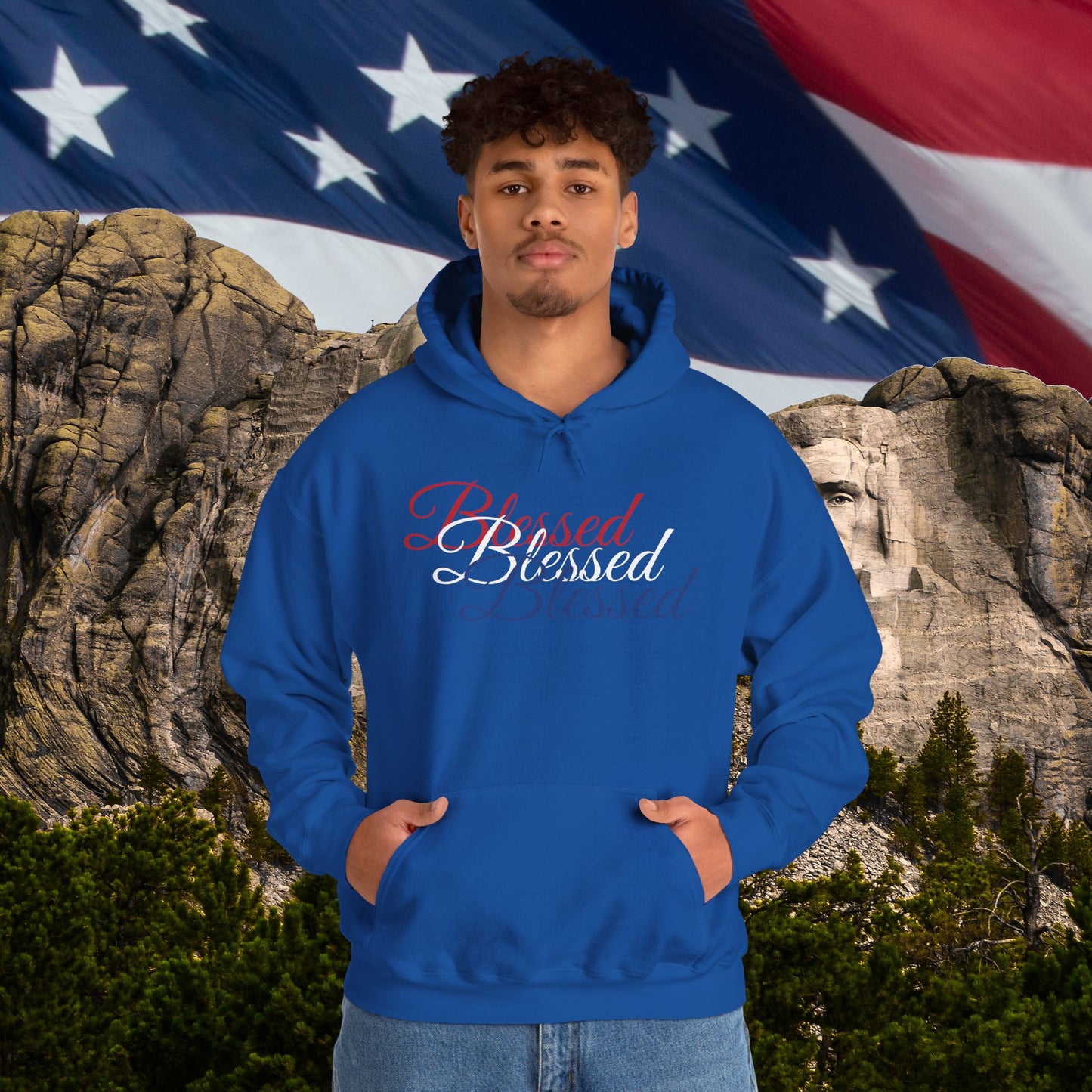 Blessed Hoodie – Patriotic Red, White & Blue Unisex Pullover Sweatshirt with Front & Back Print – Cozy, Positive Vibes Gift