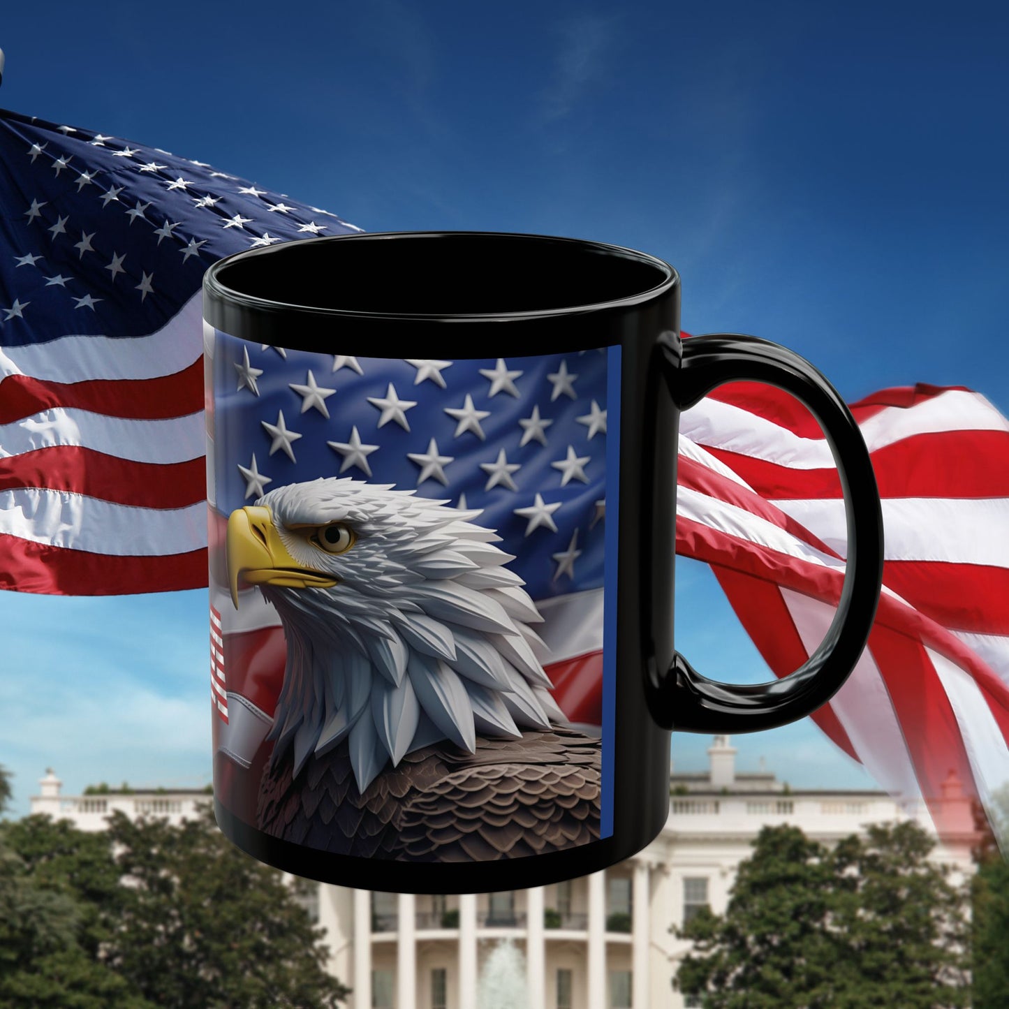 Patriotic USA Bald Eagle Ceramic Coffee Mug – Red, White & Blue American Flag Cup – Black Ceramic 11oz & 15oz – Veterans Day Gift, Independence Day Decor