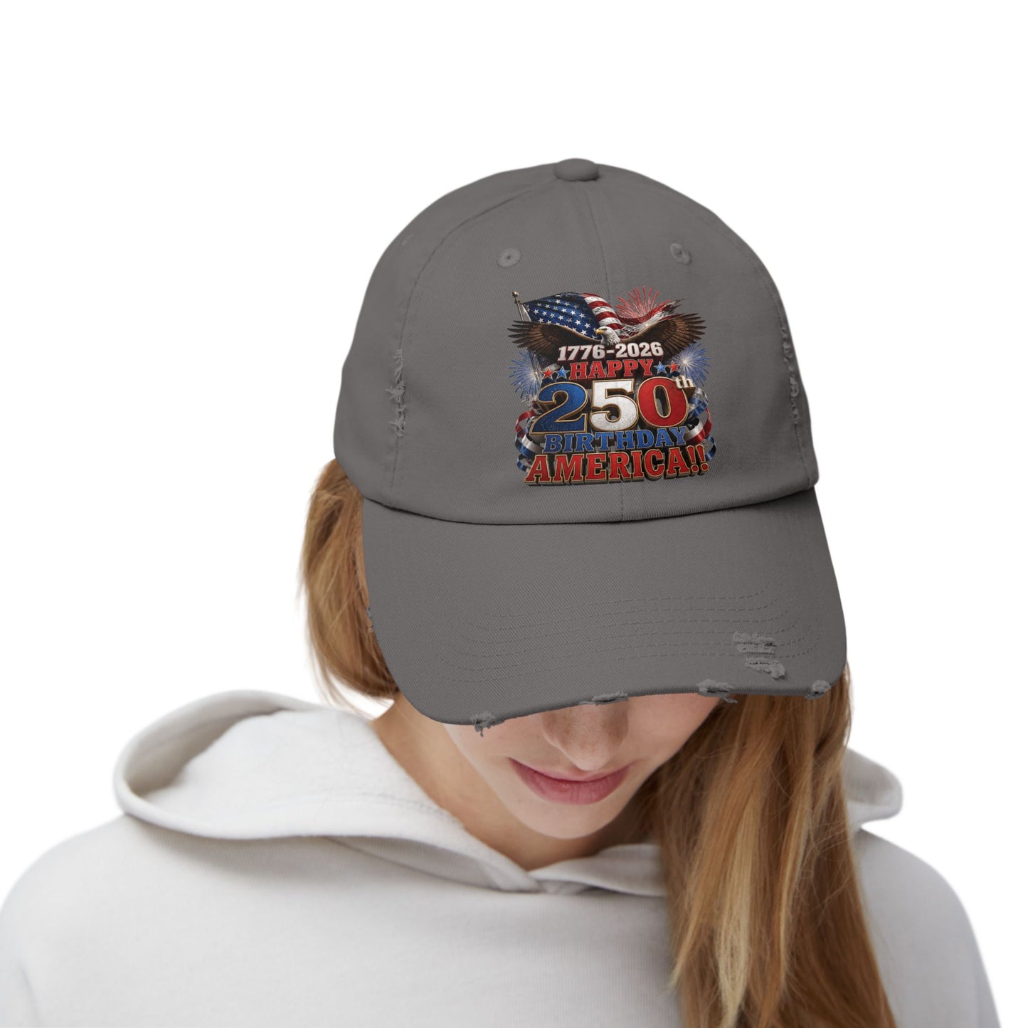 250th American Flag Fireworks Distressed Cap — 1776-2026 Patriotic Hat