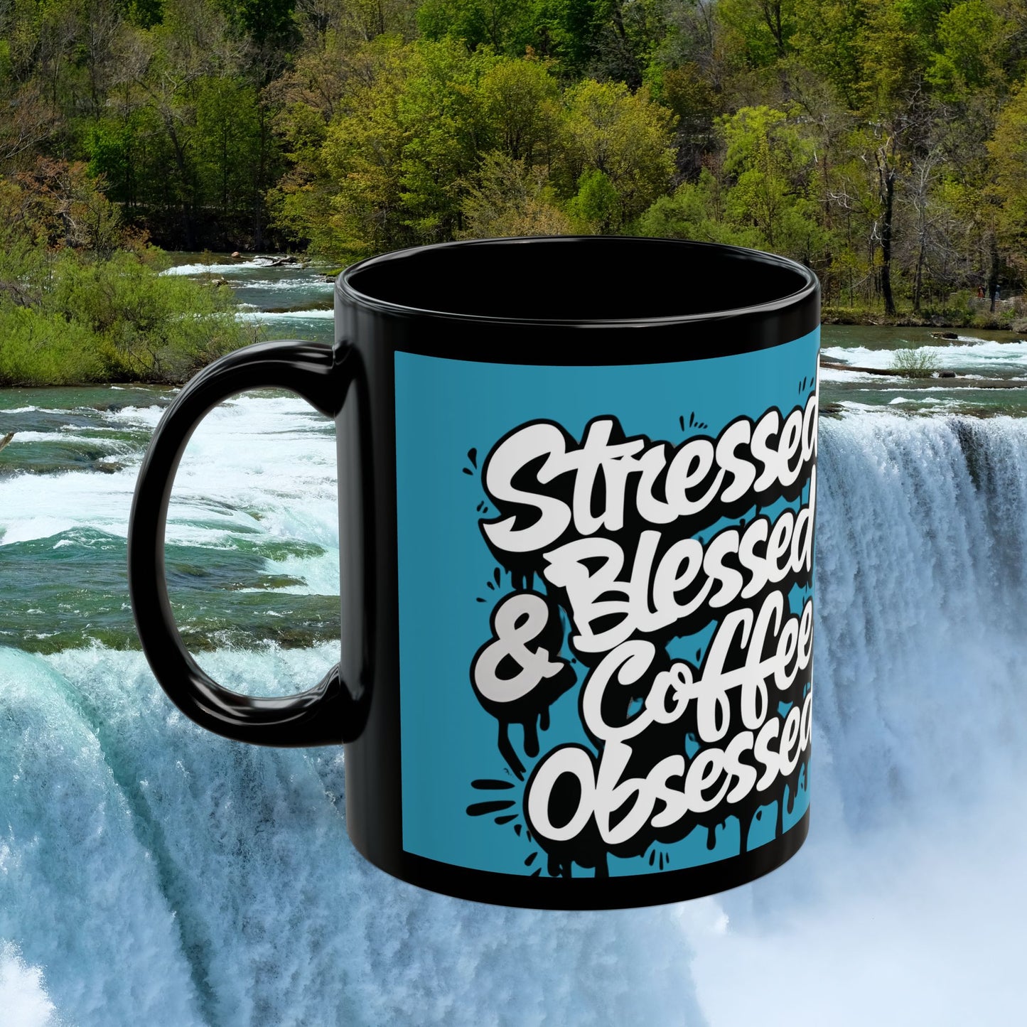 Coffee Lover's 11oz & 15oz Sleek Black Ceramic Mug - Stressed, Blessed & Coffee Obsessed Print, Gift for Coffee Lovers, Gift For Her, Inspirational Mug, Home & Office, Fun Gift Idea