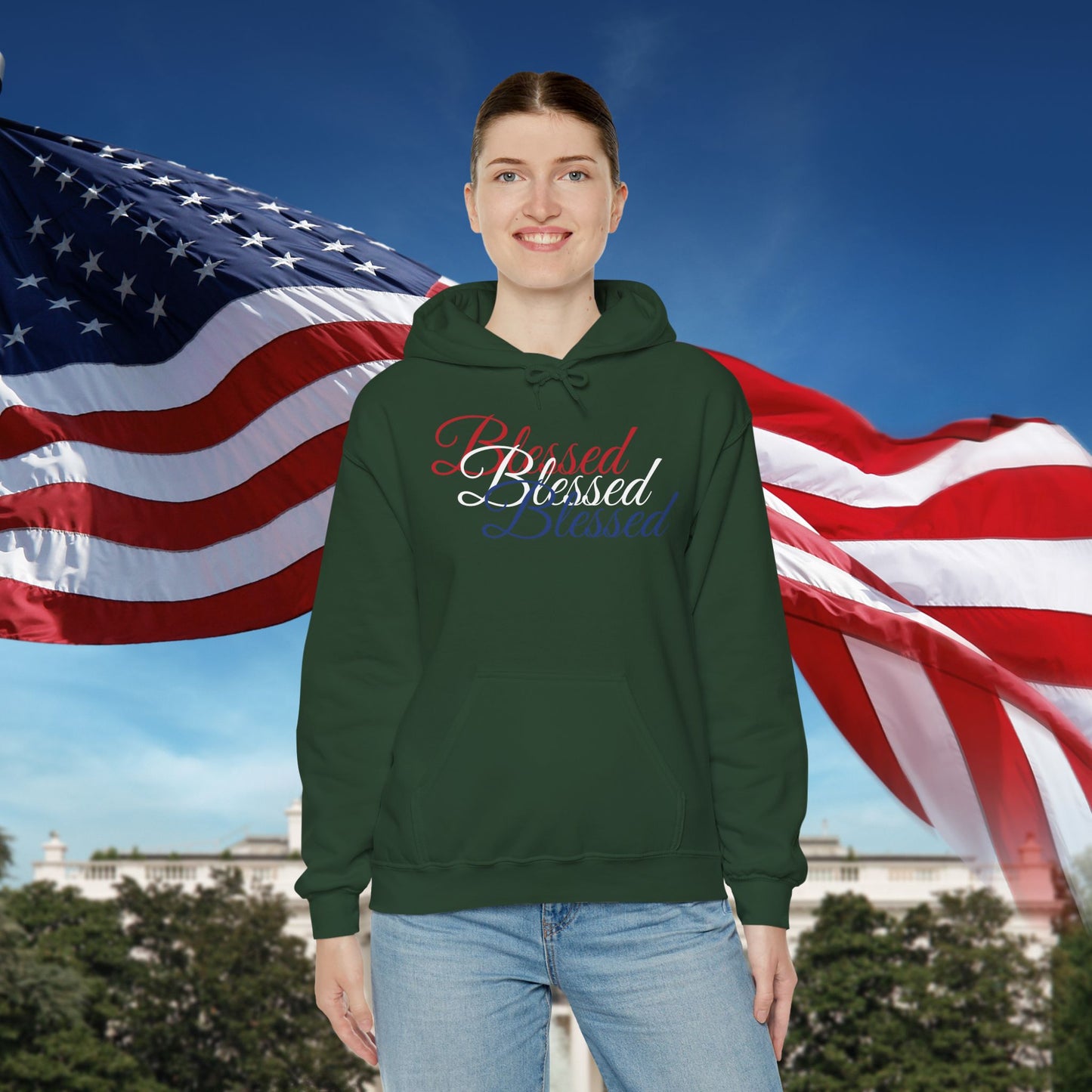 Blessed Hoodie – Patriotic Red, White & Blue Unisex Pullover Sweatshirt with Front & Back Print – Cozy, Positive Vibes Gift