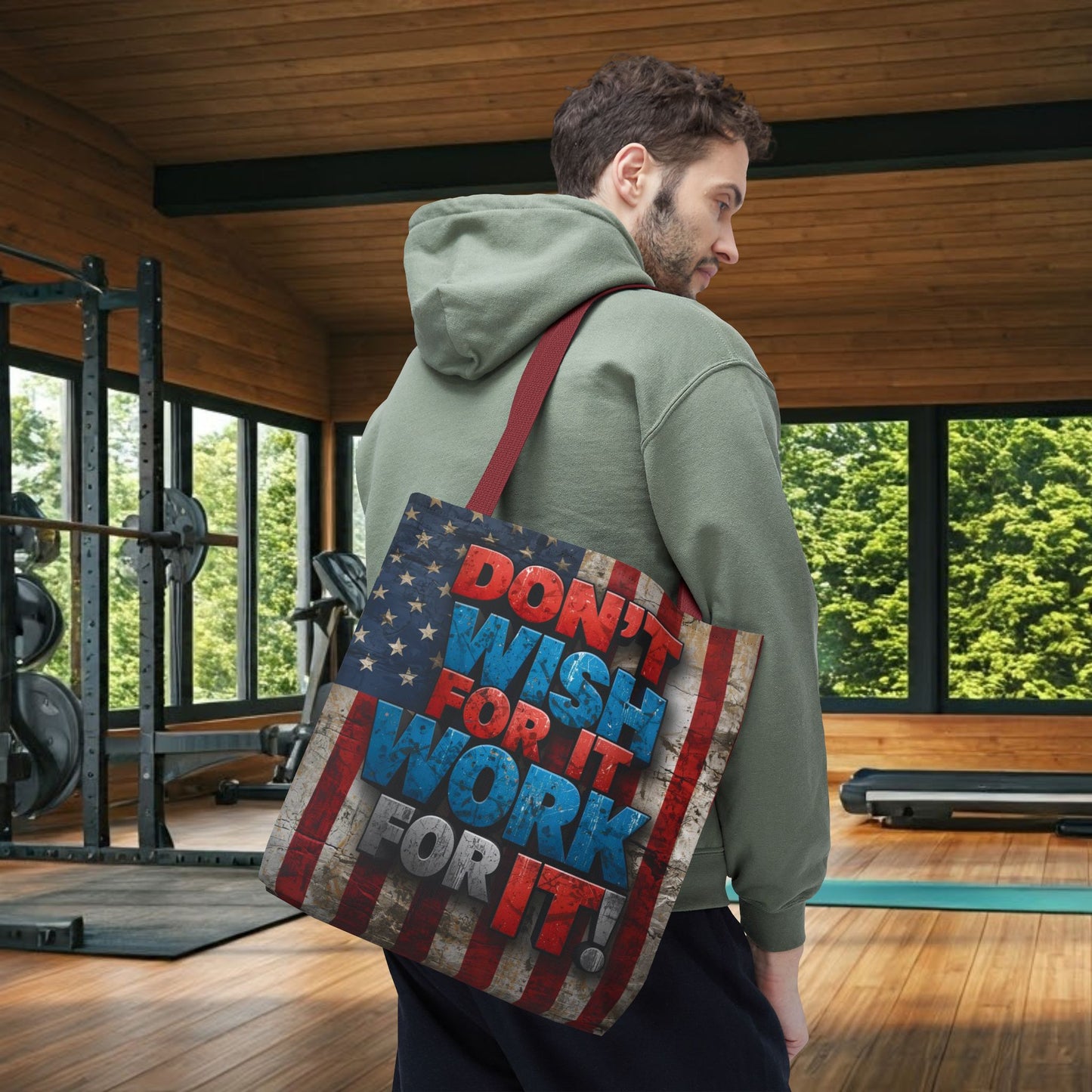 Motivational Tote Bag | American Flag Design | Don't Wish For It, Work For It | Gym, Grocery, Travel, Gifts, Everyday Carry