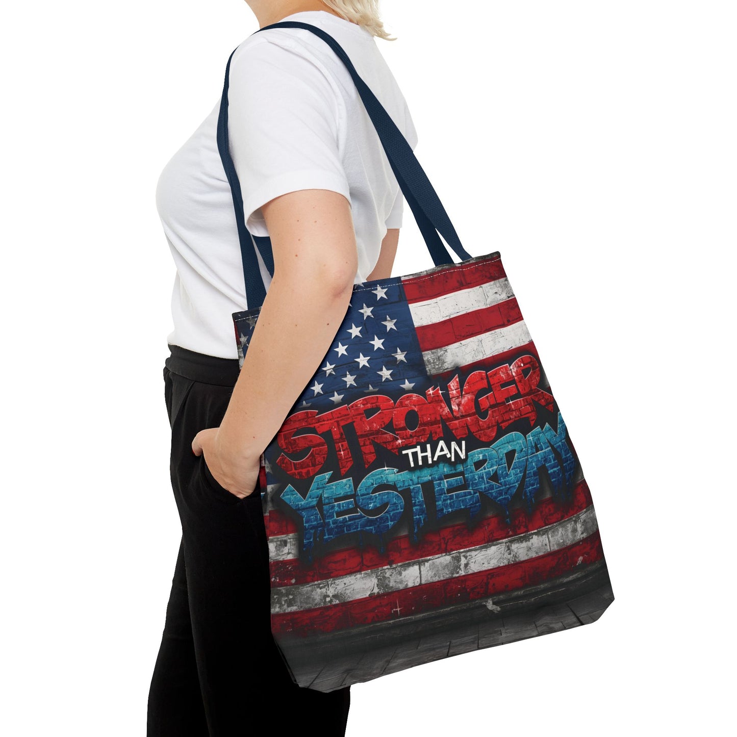 Patriotic Red White Blue Tote Bag - Stronger Than Yesterday - Perfect for Fourth of July, Gym, Beach, Shopping, Gifts