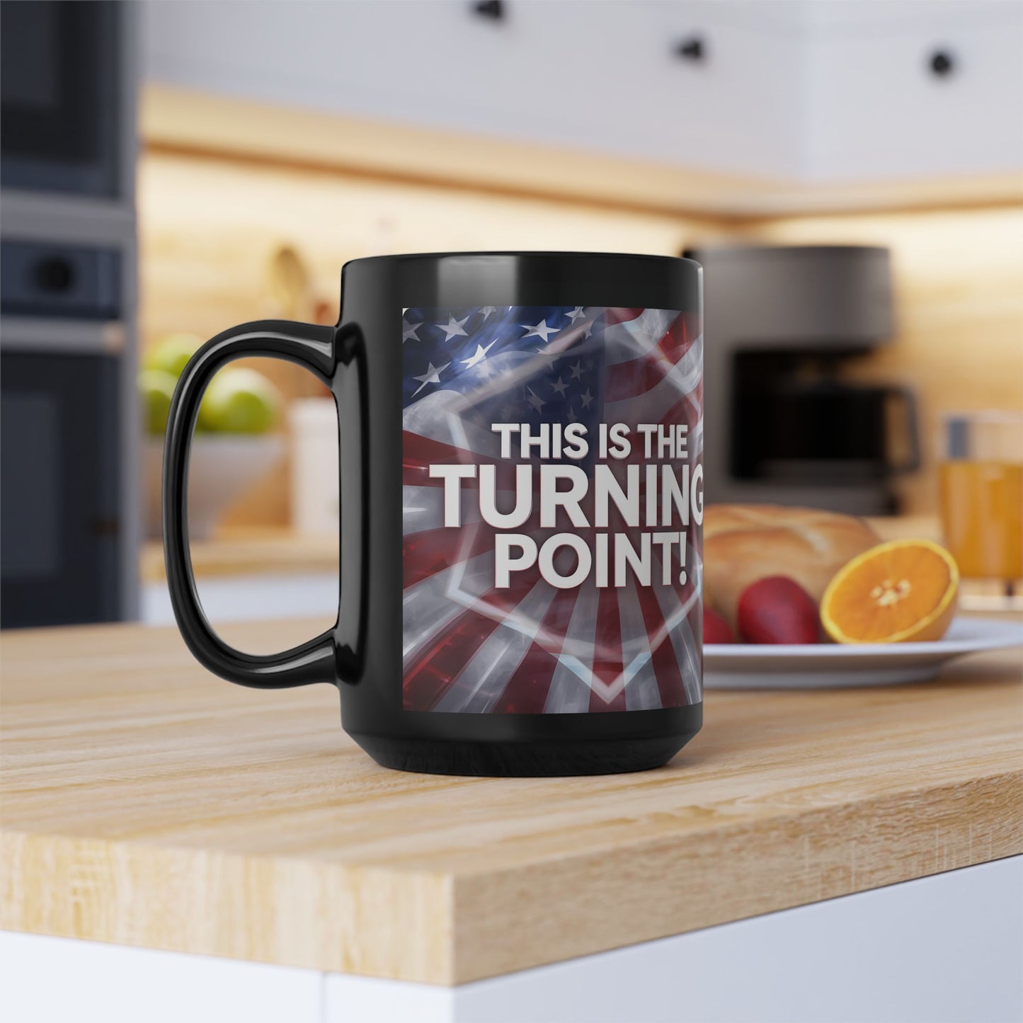 This Is The Turning Point! - Charlie Kirk - Patriotic - American Flag Backdrop- Sleek Black Ceramic Mug - 11oz - 15oz