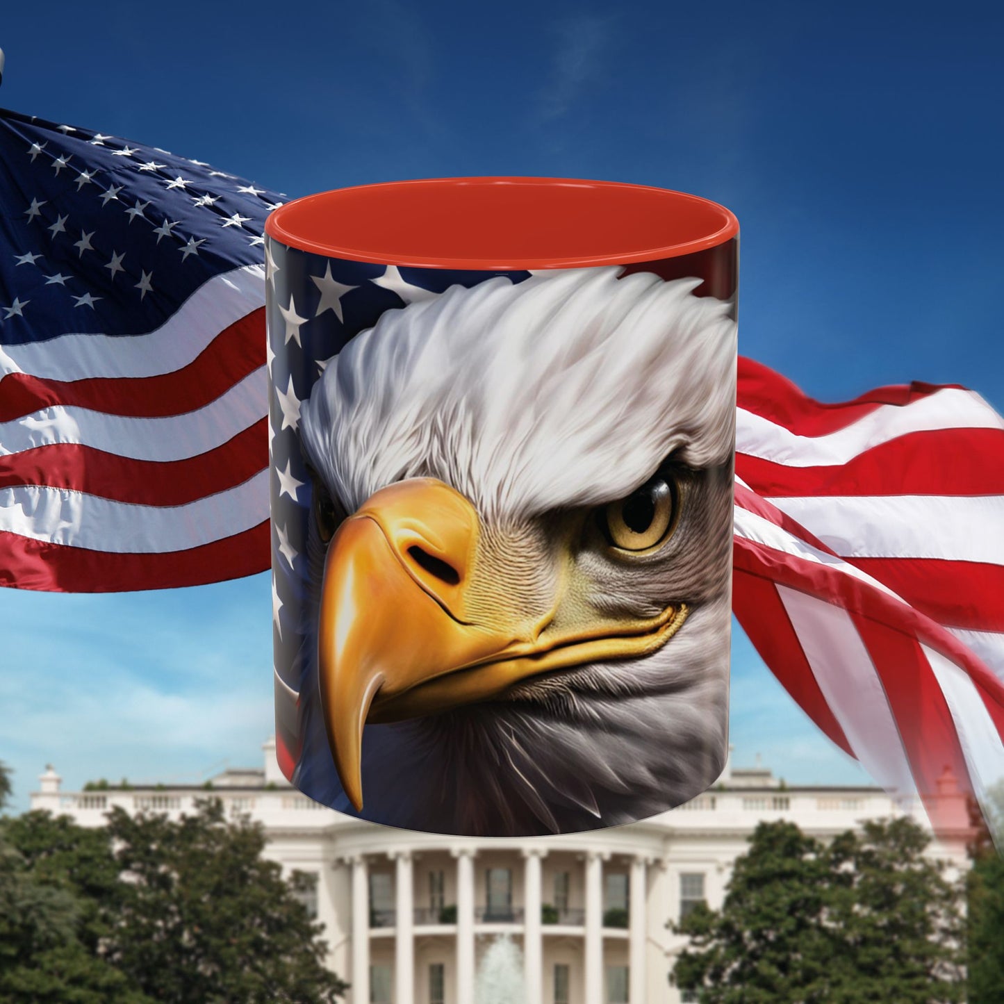 Patriotic Bald Eagle Coffee Mug – American Flag Accent Cup for Proud Americans & Veterans (11oz & 15oz, Multiple Colors)