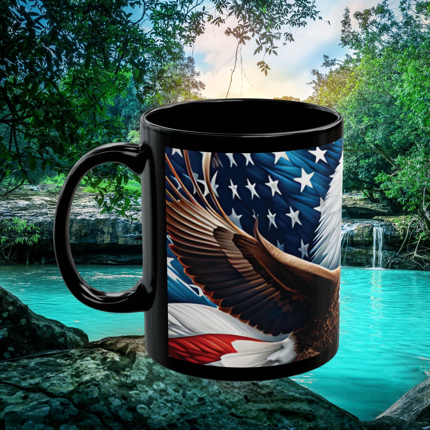 Eye-Catching Patriotic Bald Eagle American Flag Red White & Blue Black Mug 11oz & 15oz Perfect for Celebrations and Gifting