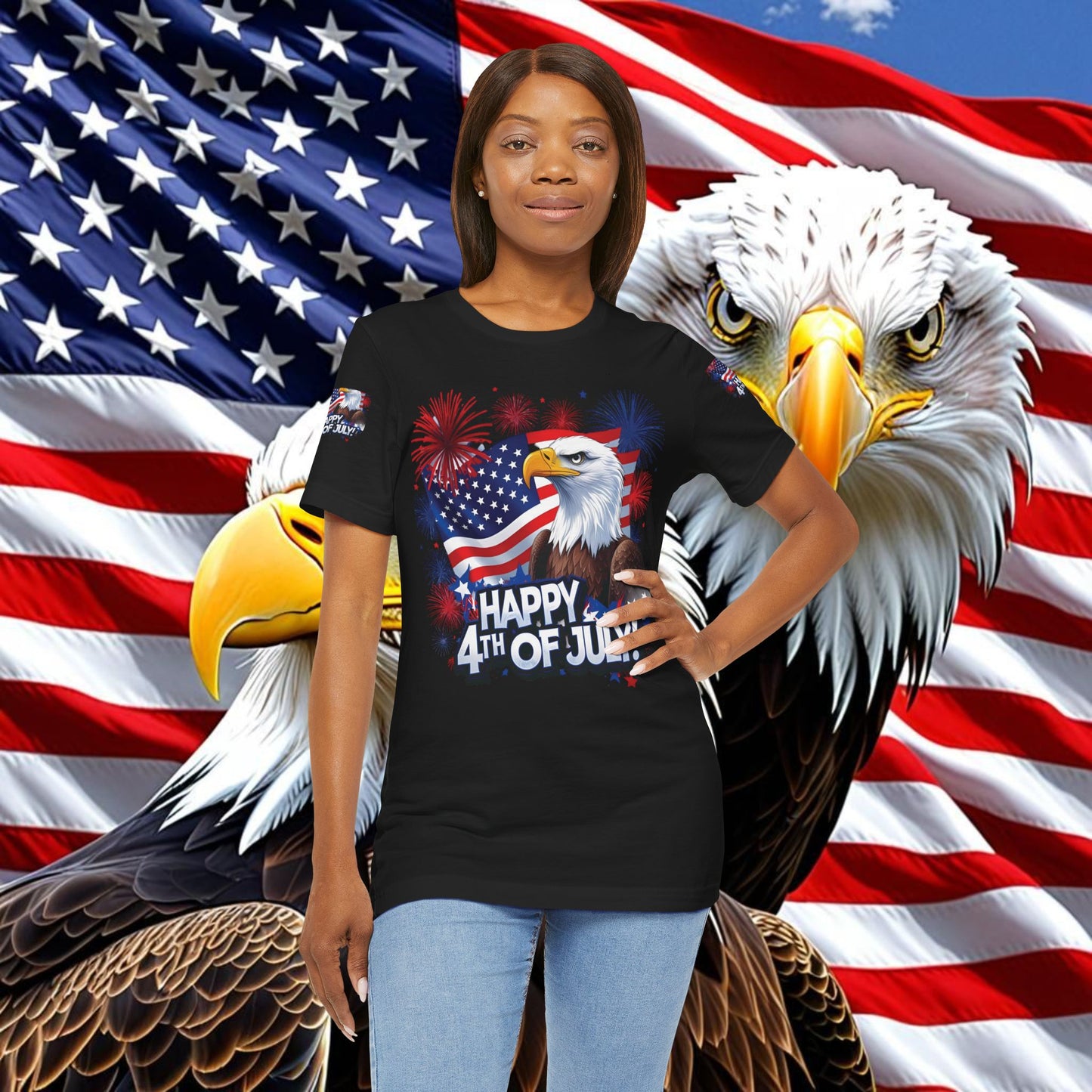 Happy 4th of July, Print Design, Unisex T-Shirt, Patriotic Print Design, Independence Day Shirt, Red White Blue Shirt, USA Tee Gift, Gift For Her, Gift For Him, American Flag, Bald Eagle