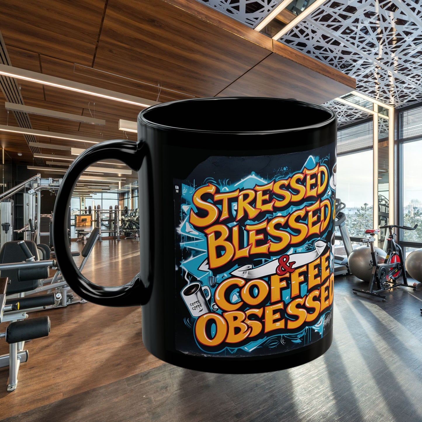Stressed Blessed & Coffee Obsessed Print, 11 oz. Insulated Travel Mug, Motivational Mug, Gift for Coffee Lovers, Fitness Mug, Inspirational Drinkware