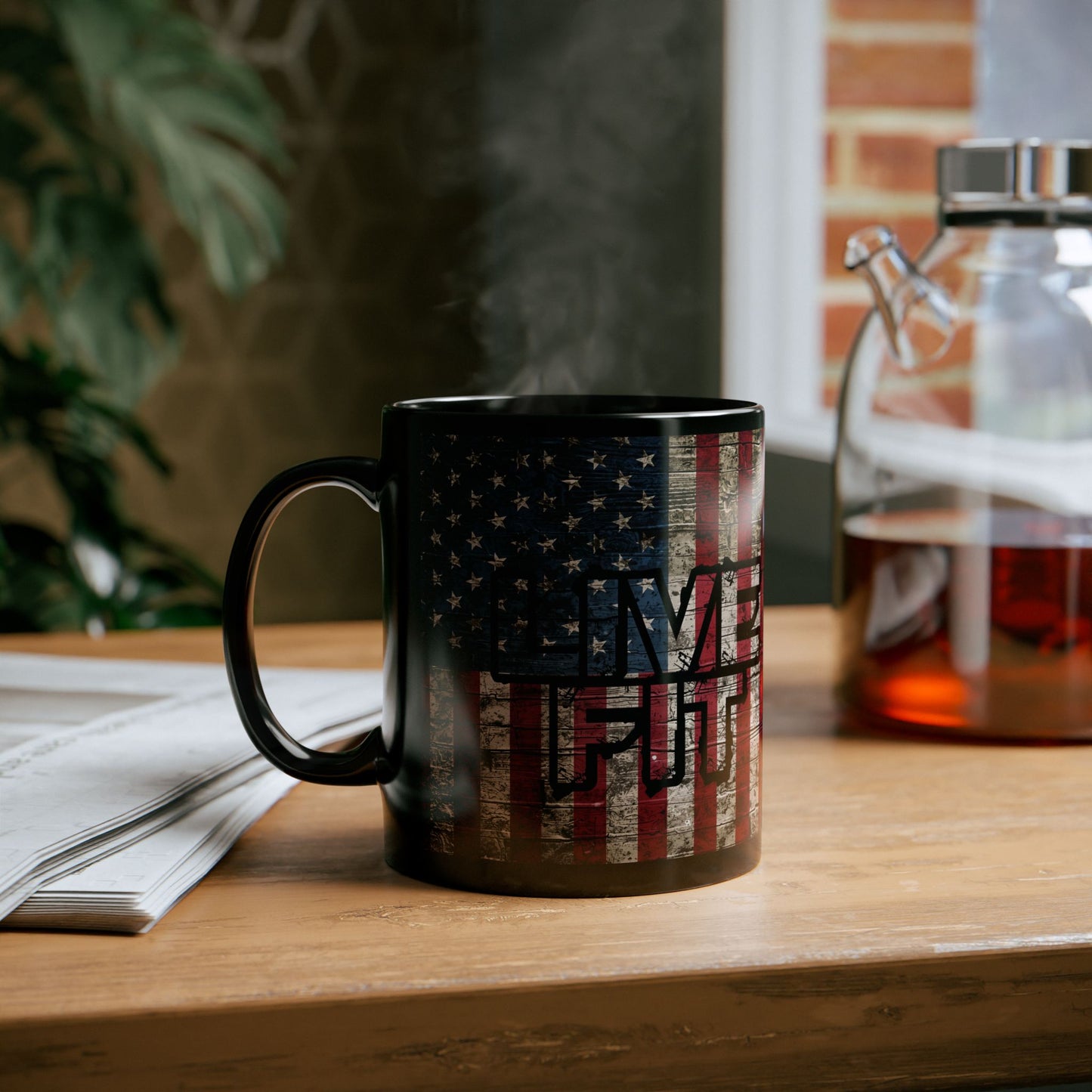 Sleek - Ceramic Black Mug - LIVE FIT - Vintage American Flag Backdrop Design - Gift for Patriots and Coffee Lovers - 11oz - 15oz -
