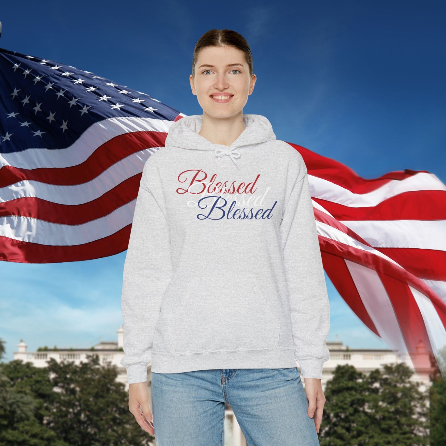 Blessed Hoodie – Patriotic Red, White & Blue Unisex Pullover Sweatshirt with Front & Back Print – Cozy, Positive Vibes Gift