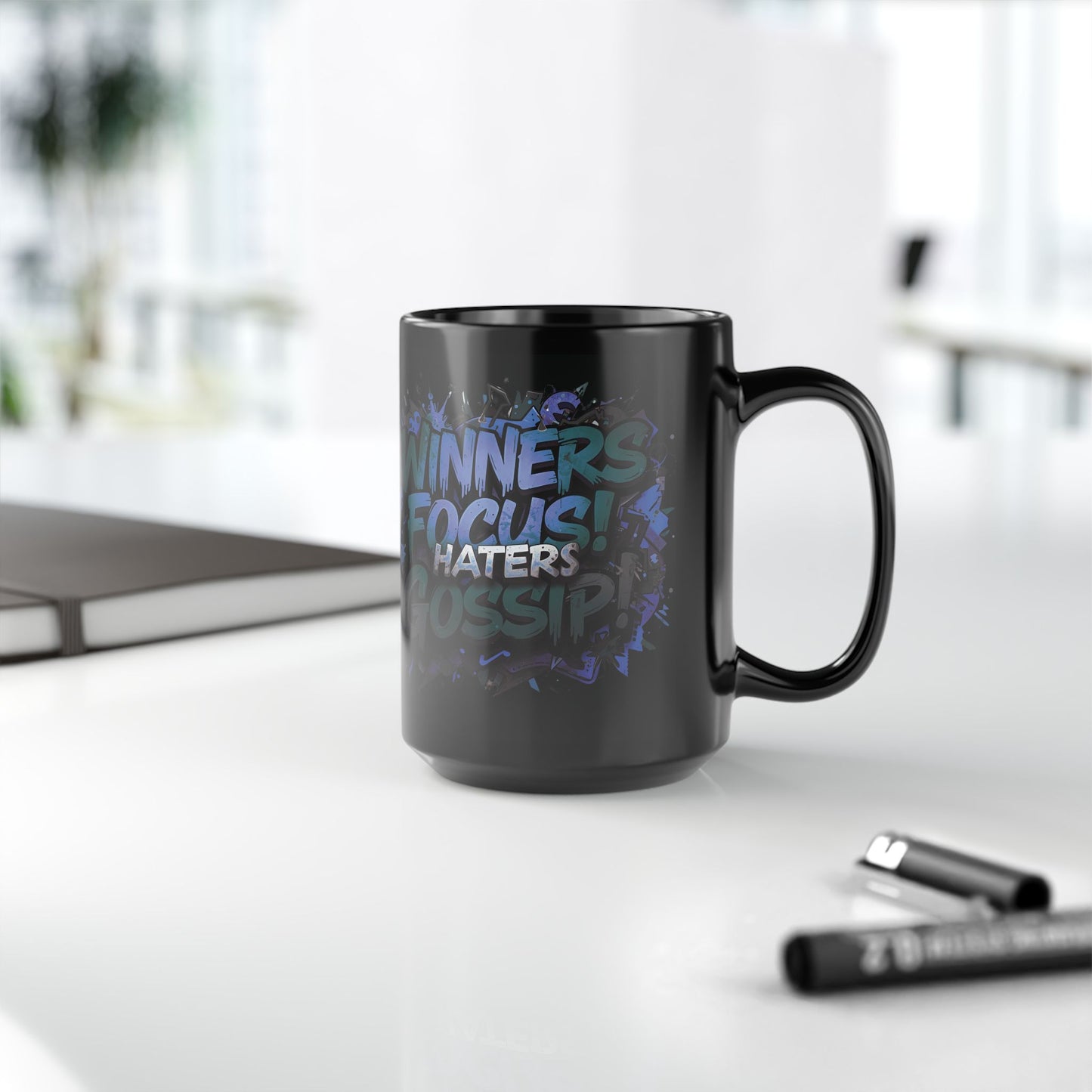 Motivational Black Mug for Winners, Gym Coffee Cup, Inspirational Gift, Home Office Decor, Unique Beverage Container