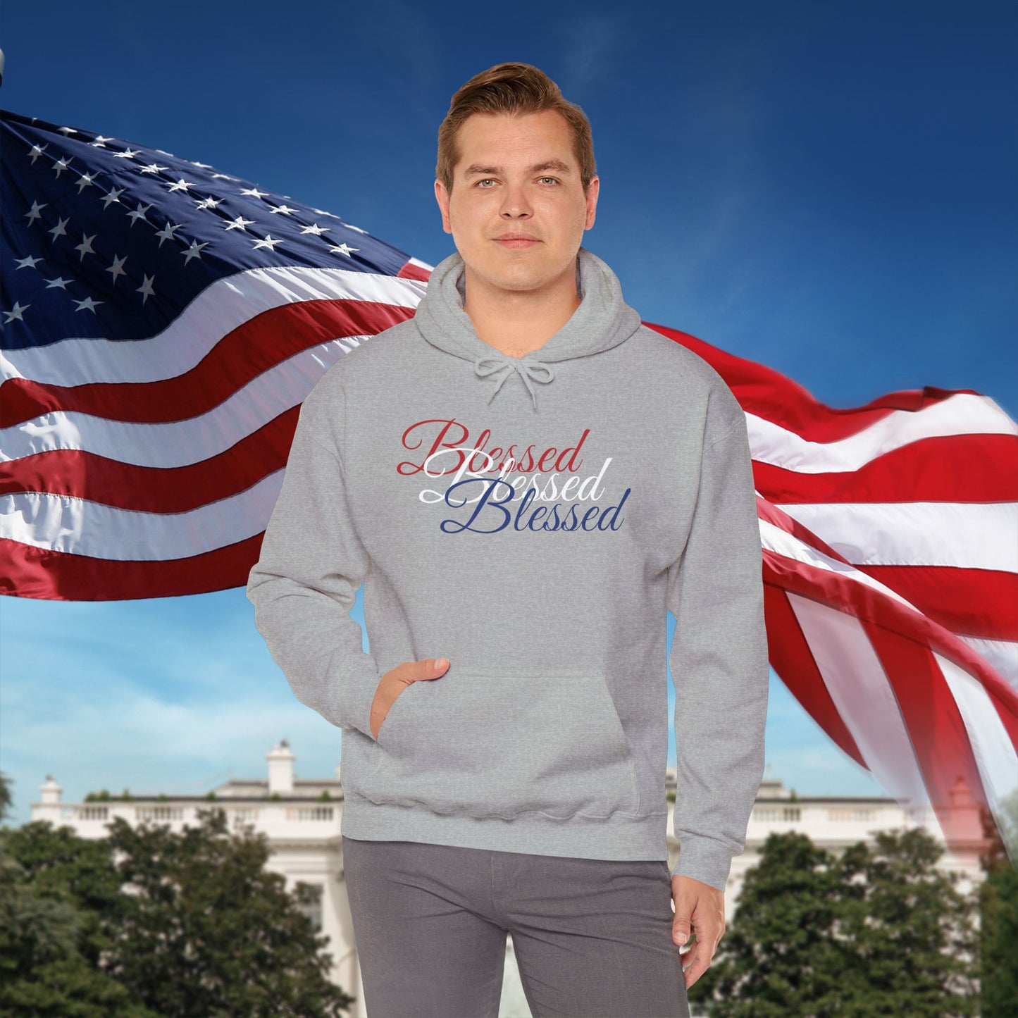 Blessed Hoodie – Patriotic Red, White & Blue Unisex Pullover Sweatshirt with Front & Back Print – Cozy, Positive Vibes Gift