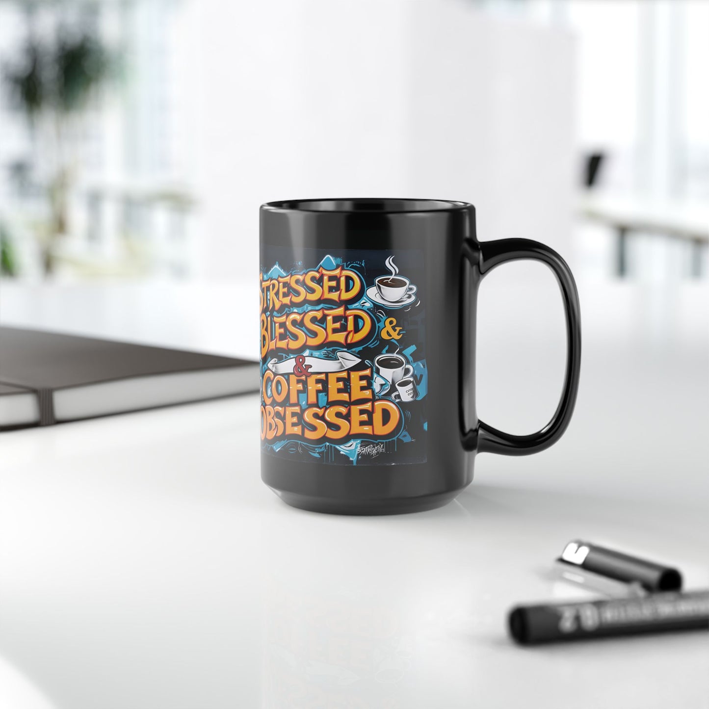 Stressed Blessed & Coffee Obsessed Print, 11 oz. Insulated Travel Mug, Motivational Mug, Gift for Coffee Lovers, Fitness Mug, Inspirational Drinkware