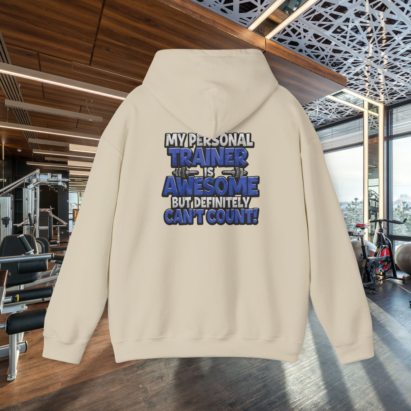 Fitness Humor Hoodie - My Personal Trainer Is Awesome But Definitely Can’t Count! Unisex Heavy Blend™ Hooded Sweatshirt - GYM Sweatshirt - Workout Apparel -