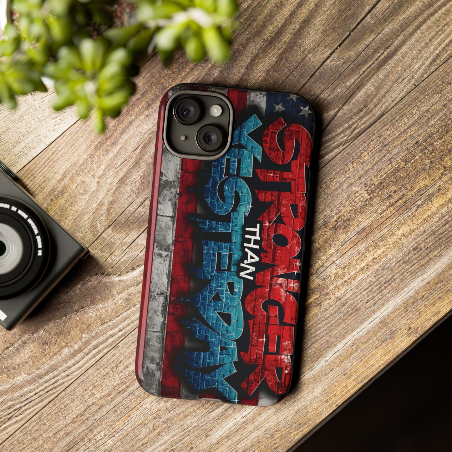 Stronger Than Yesterday Iphone Case, Motivational Phone Cover, USA Flag Design, Gift for Fitness Enthusiasts, Inspirational Phone Accessory