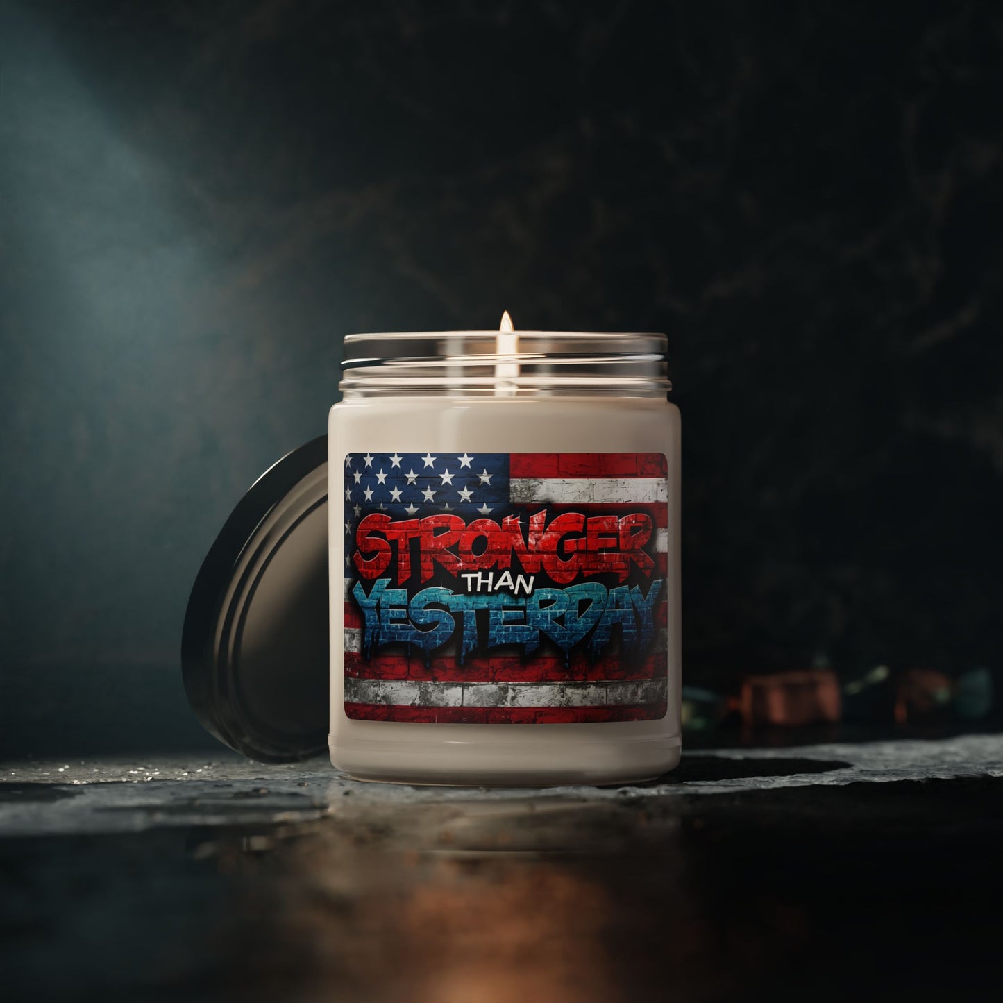 Stronger Than Yesterday! Red White Blue Patriotic Design Scented Soy Candle