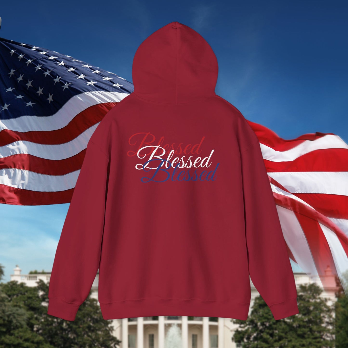 Blessed Hoodie – Patriotic Red, White & Blue Unisex Pullover Sweatshirt with Front & Back Print – Cozy, Positive Vibes Gift