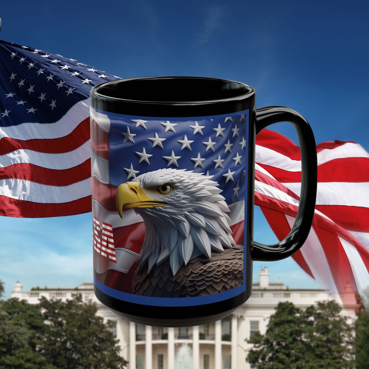 Patriotic USA Bald Eagle Ceramic Coffee Mug – Red, White & Blue American Flag Cup – Black Ceramic 11oz & 15oz – Veterans Day Gift, Independence Day Decor